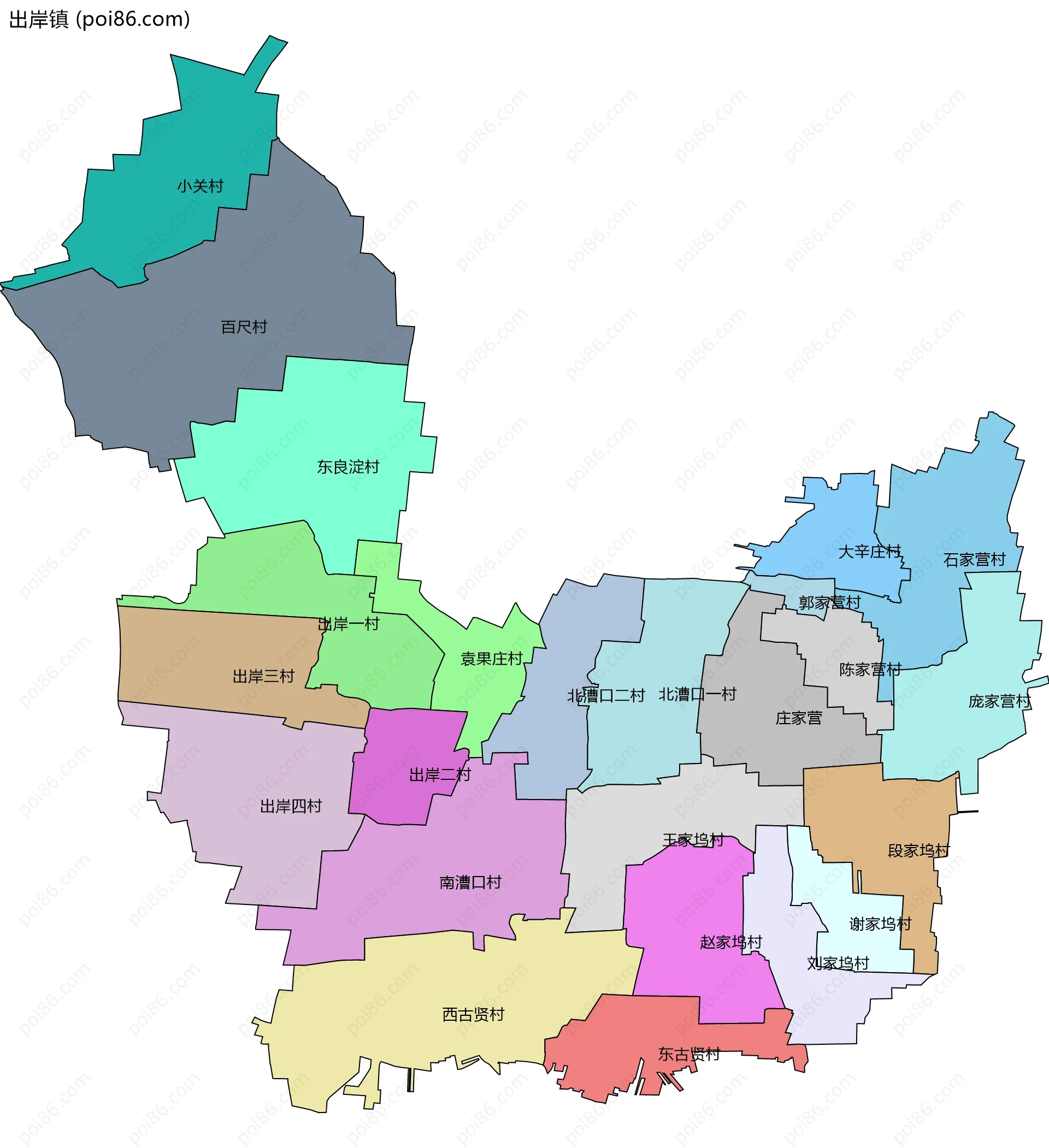 出岸镇边界地图(五级行政区划)