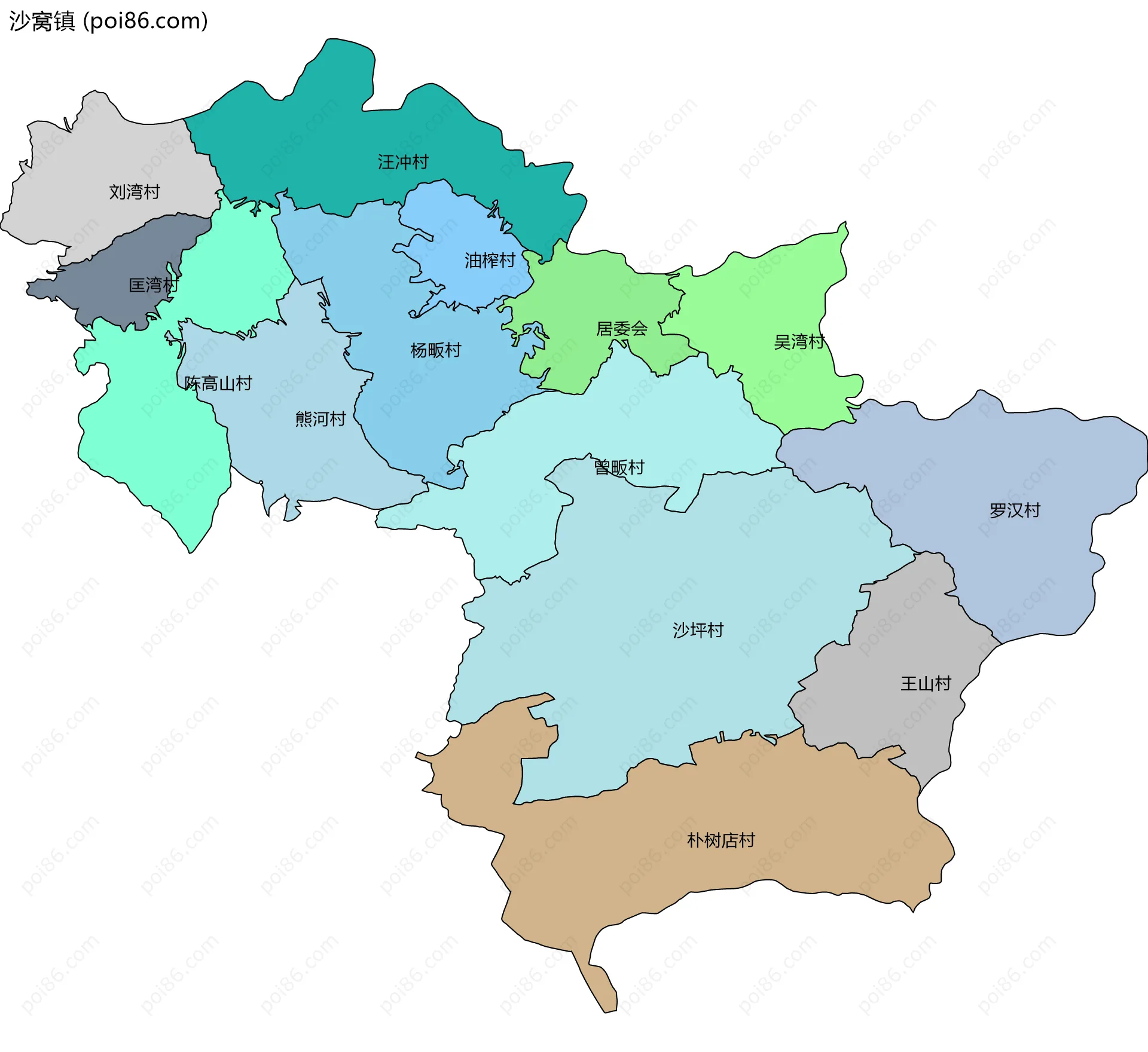 沙窝镇边界地图(五级行政区划)
