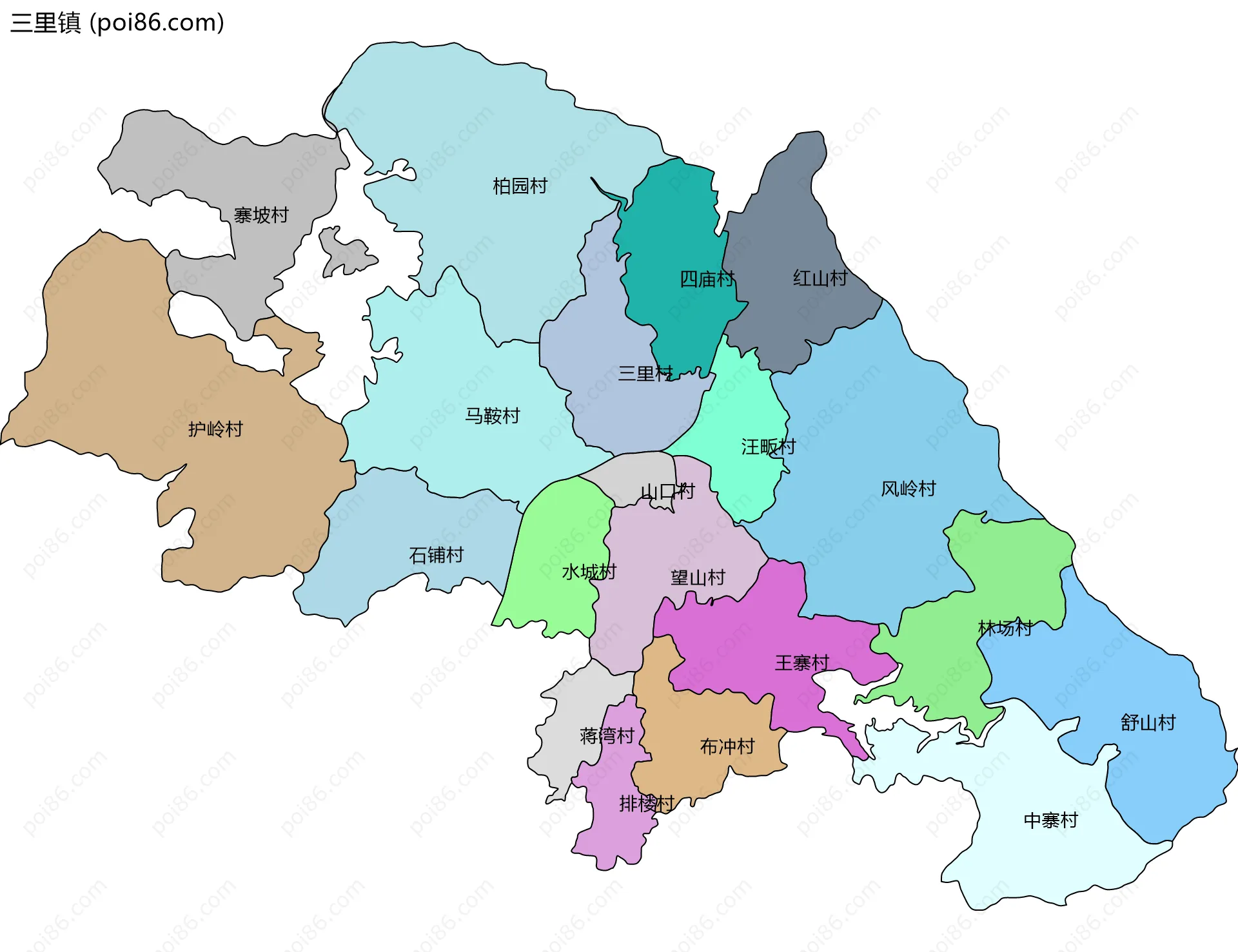 三里镇边界地图(五级行政区划)