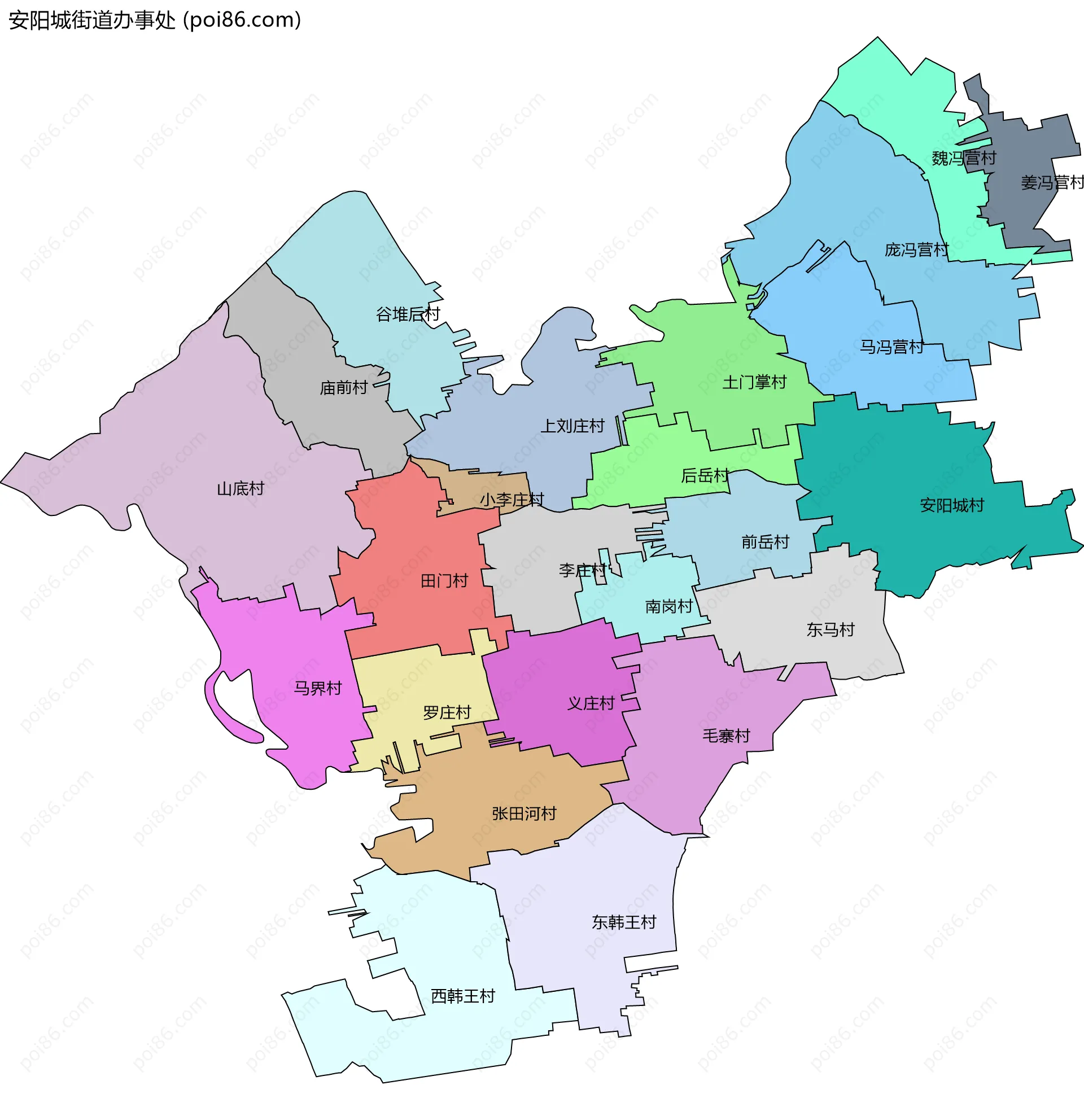 安阳城街道办事处边界地图(五级行政区划)