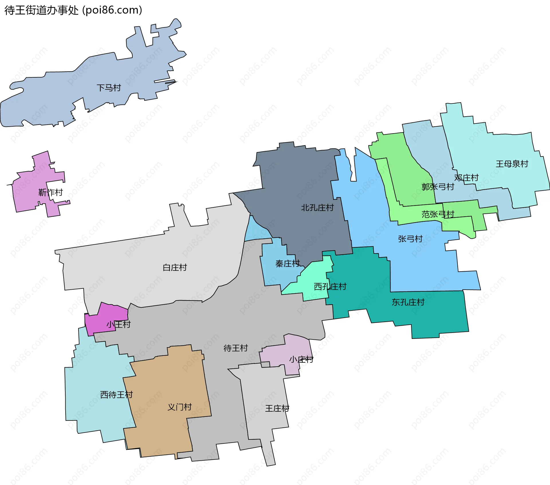 待王街道办事处边界地图(五级行政区划)