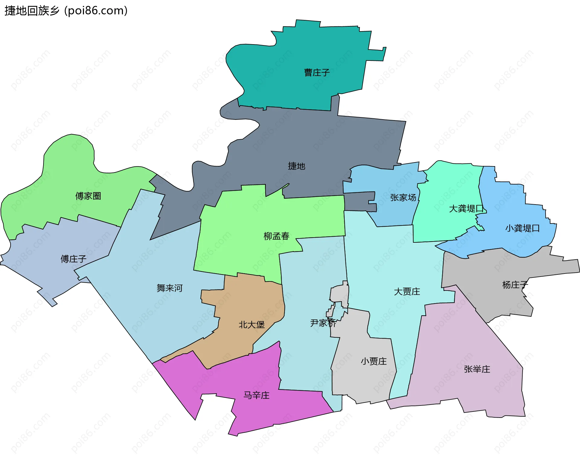 捷地回族乡边界地图(五级行政区划)