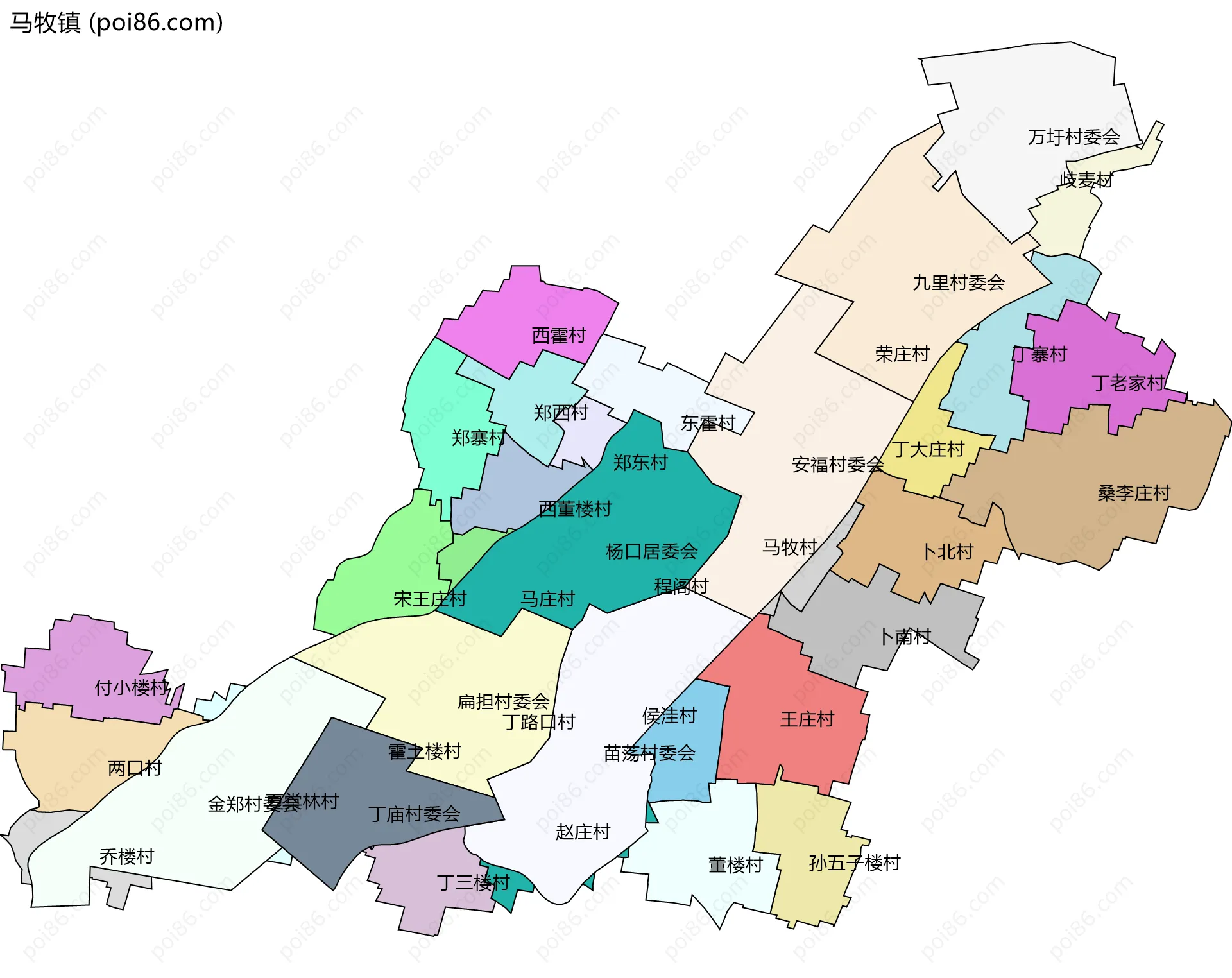 马牧镇边界地图(五级行政区划)