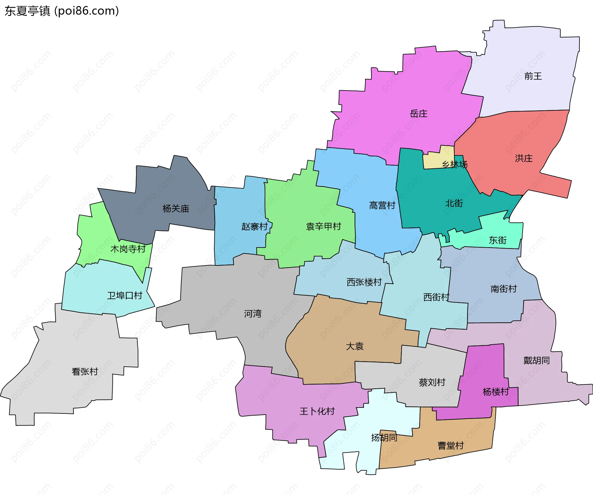 东夏亭镇边界地图(五级行政区划)