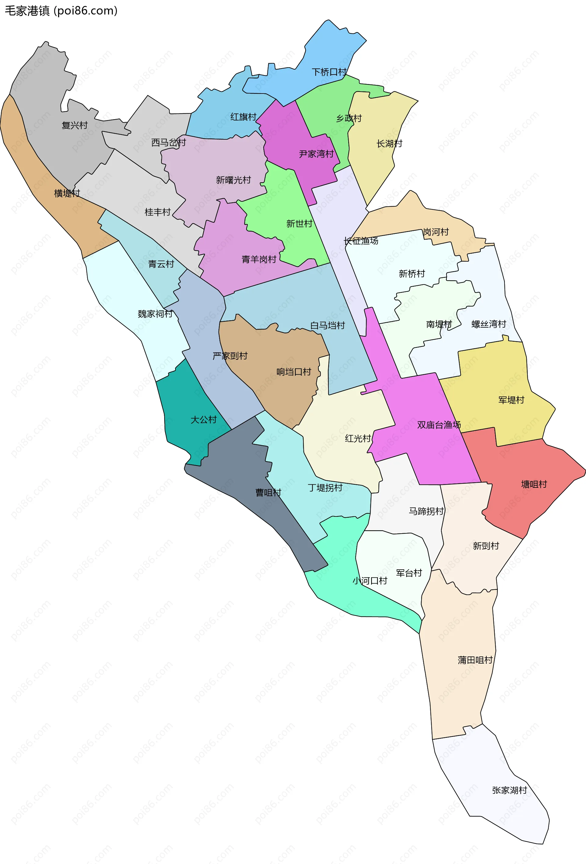 毛家港镇边界地图(五级行政区划)