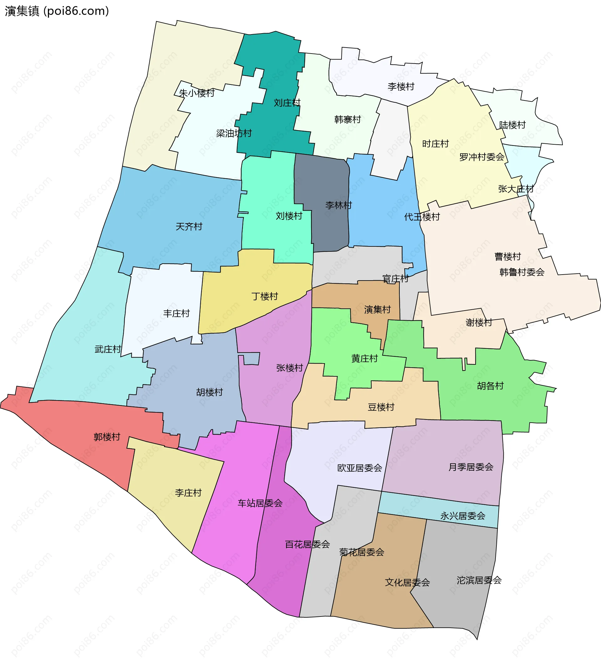 演集镇边界地图(五级行政区划)