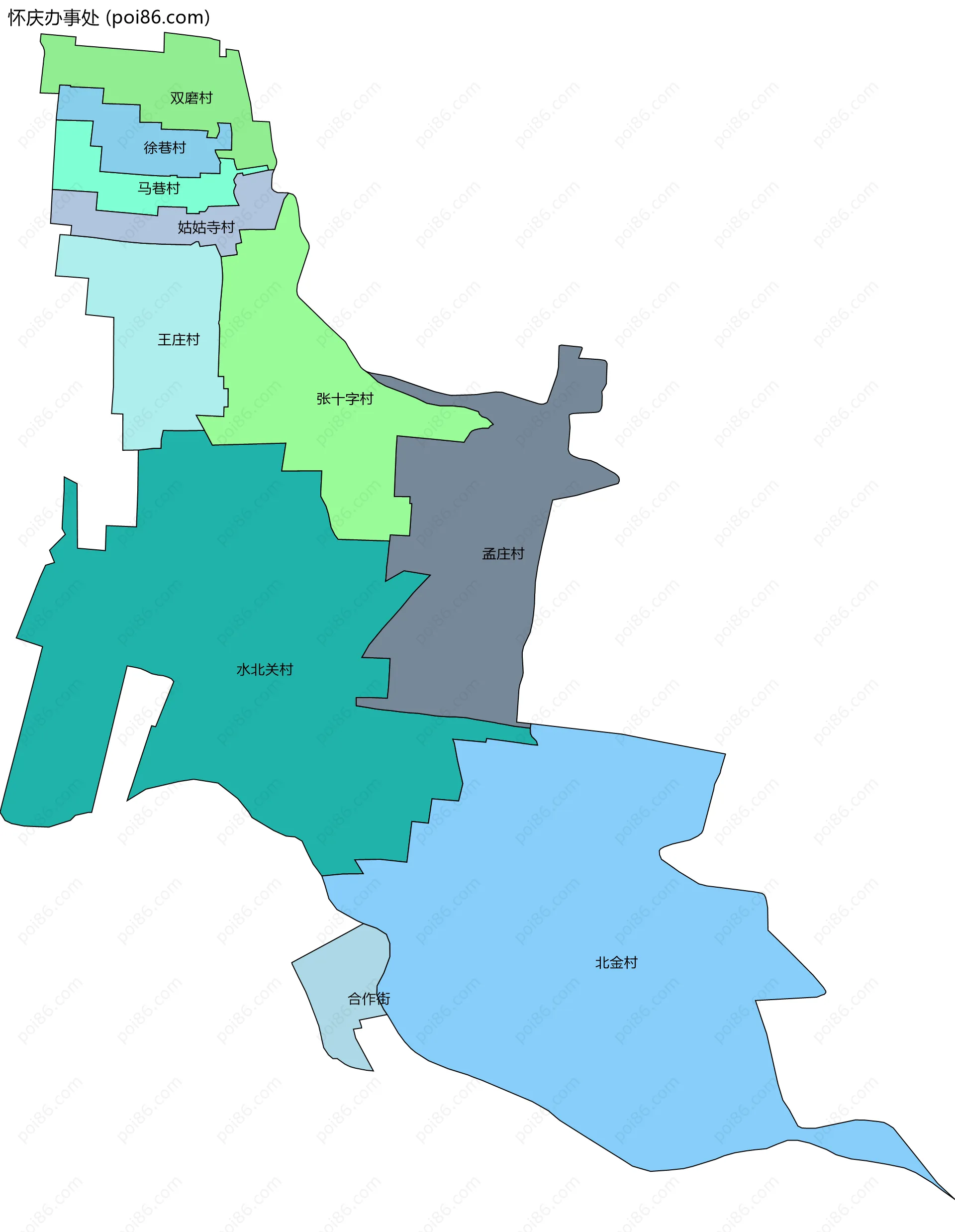 怀庆办事处边界地图(五级行政区划)