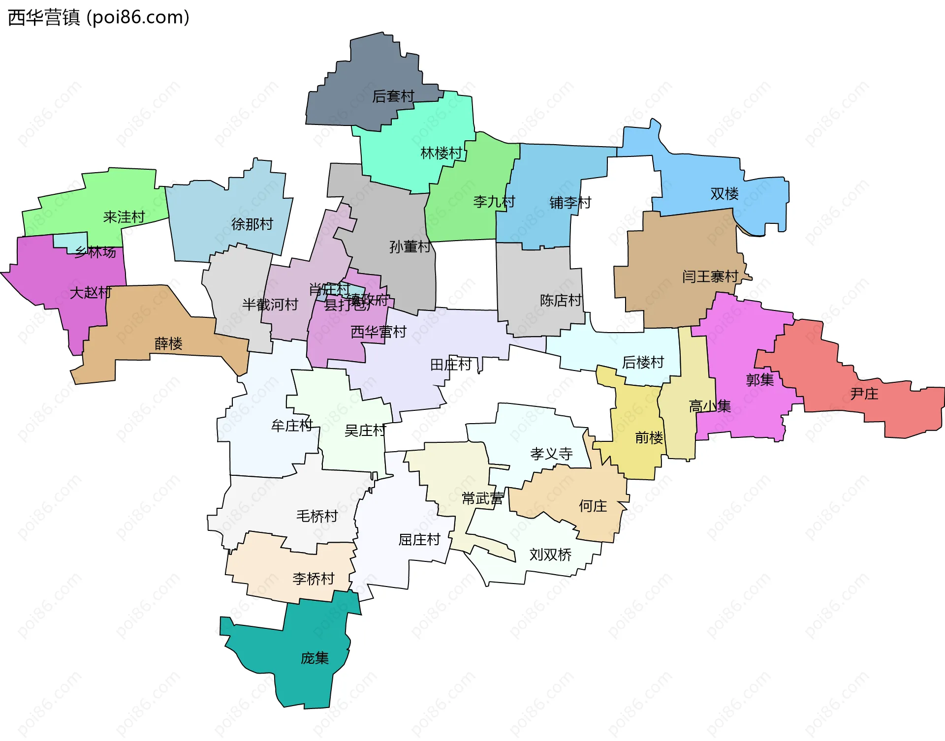 西华营镇边界地图(五级行政区划)
