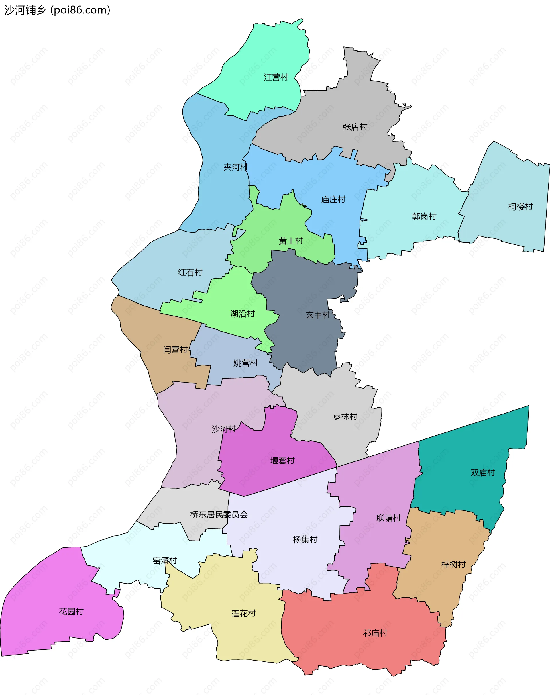 沙河铺乡边界地图(五级行政区划)