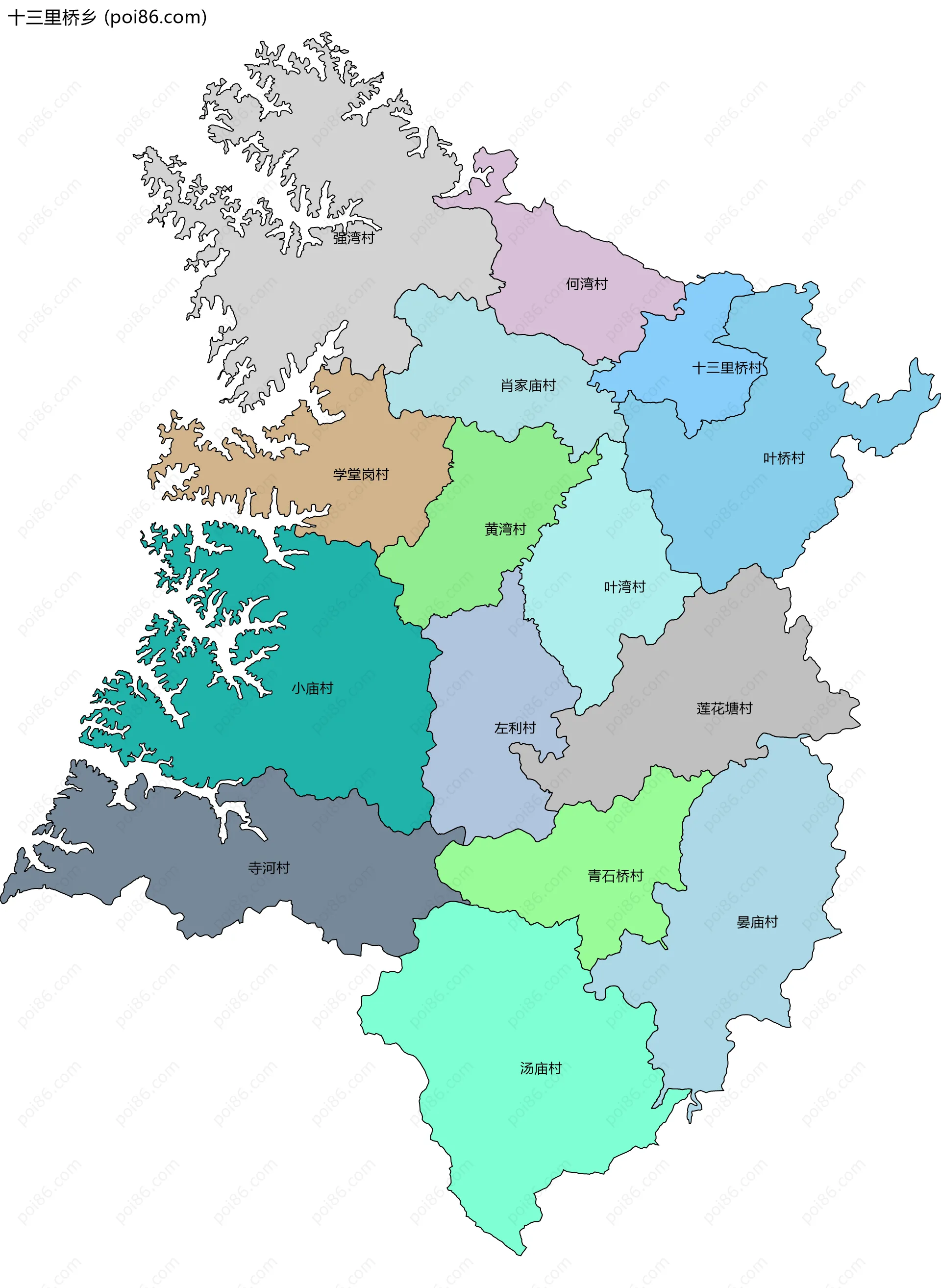 十三里桥乡边界地图(五级行政区划)