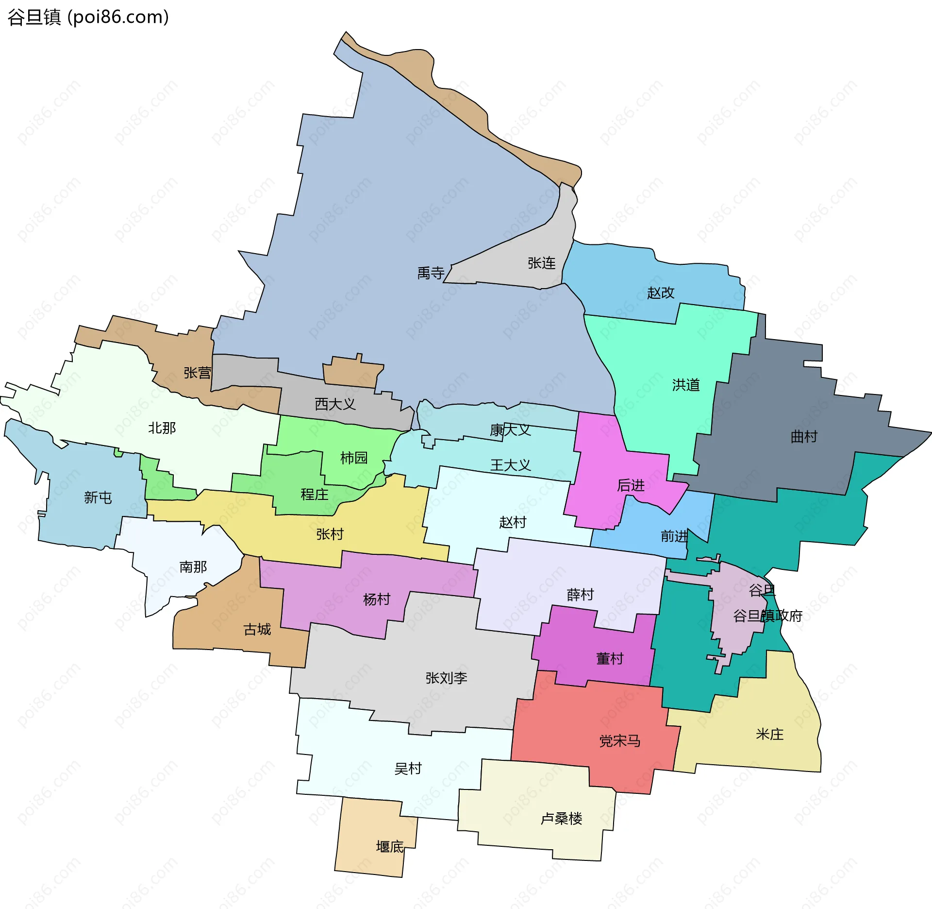 谷旦镇边界地图(五级行政区划)