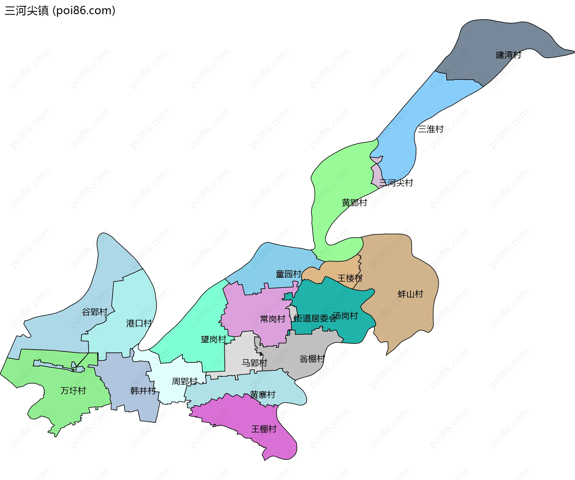 三河尖镇边界地图(五级行政区划)
