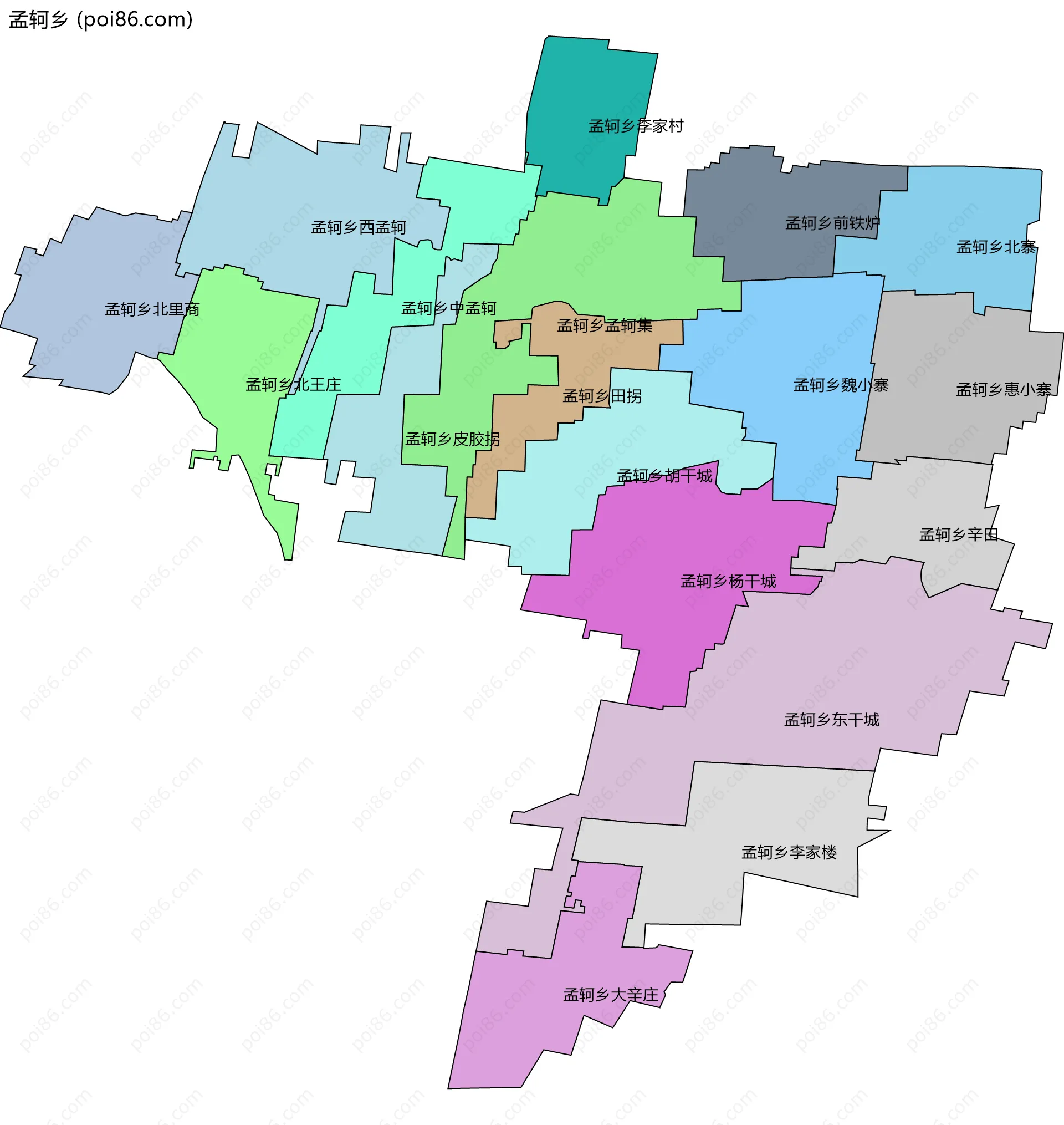 孟轲乡边界地图(五级行政区划)