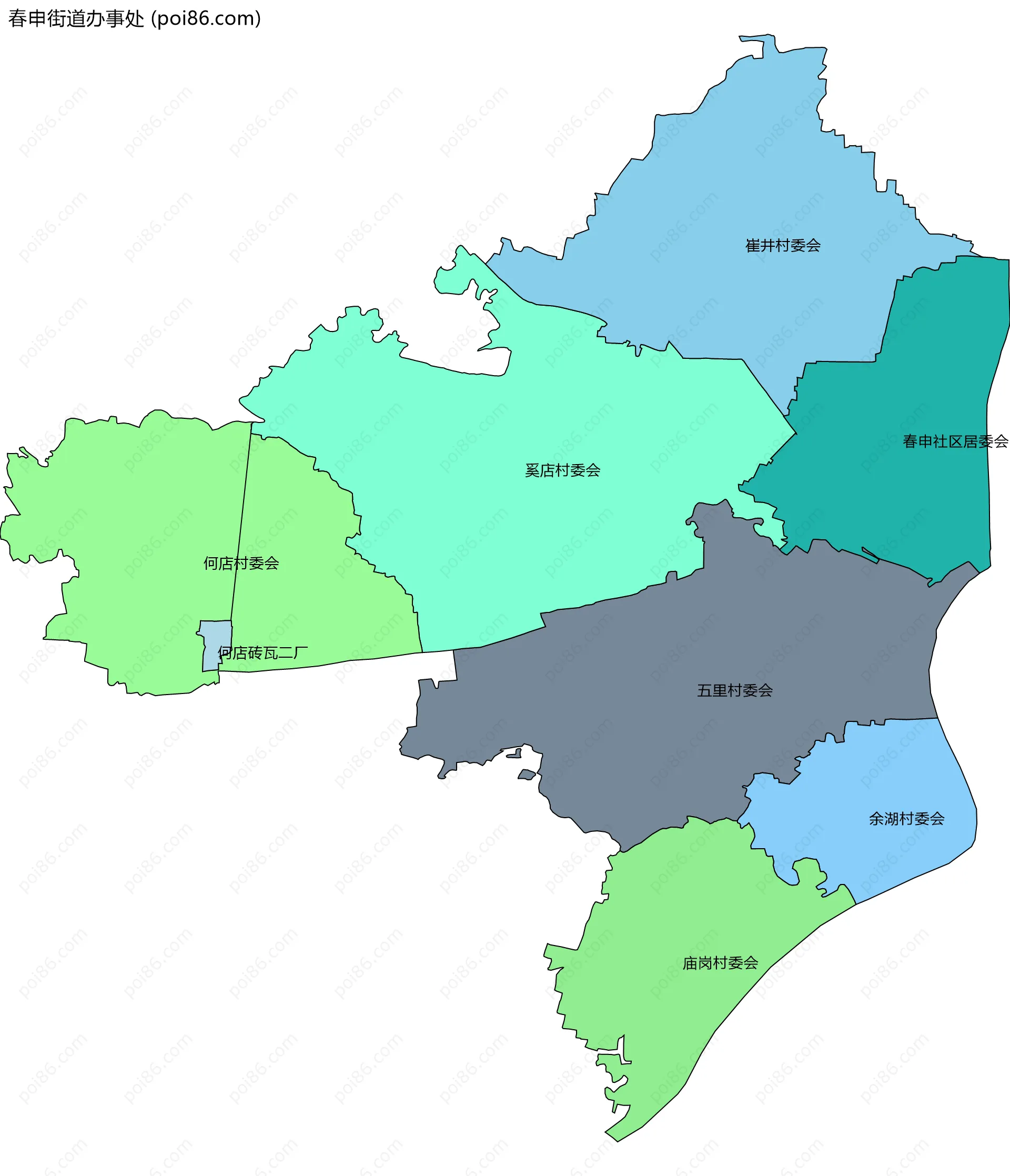 春申街道办事处边界地图(五级行政区划)