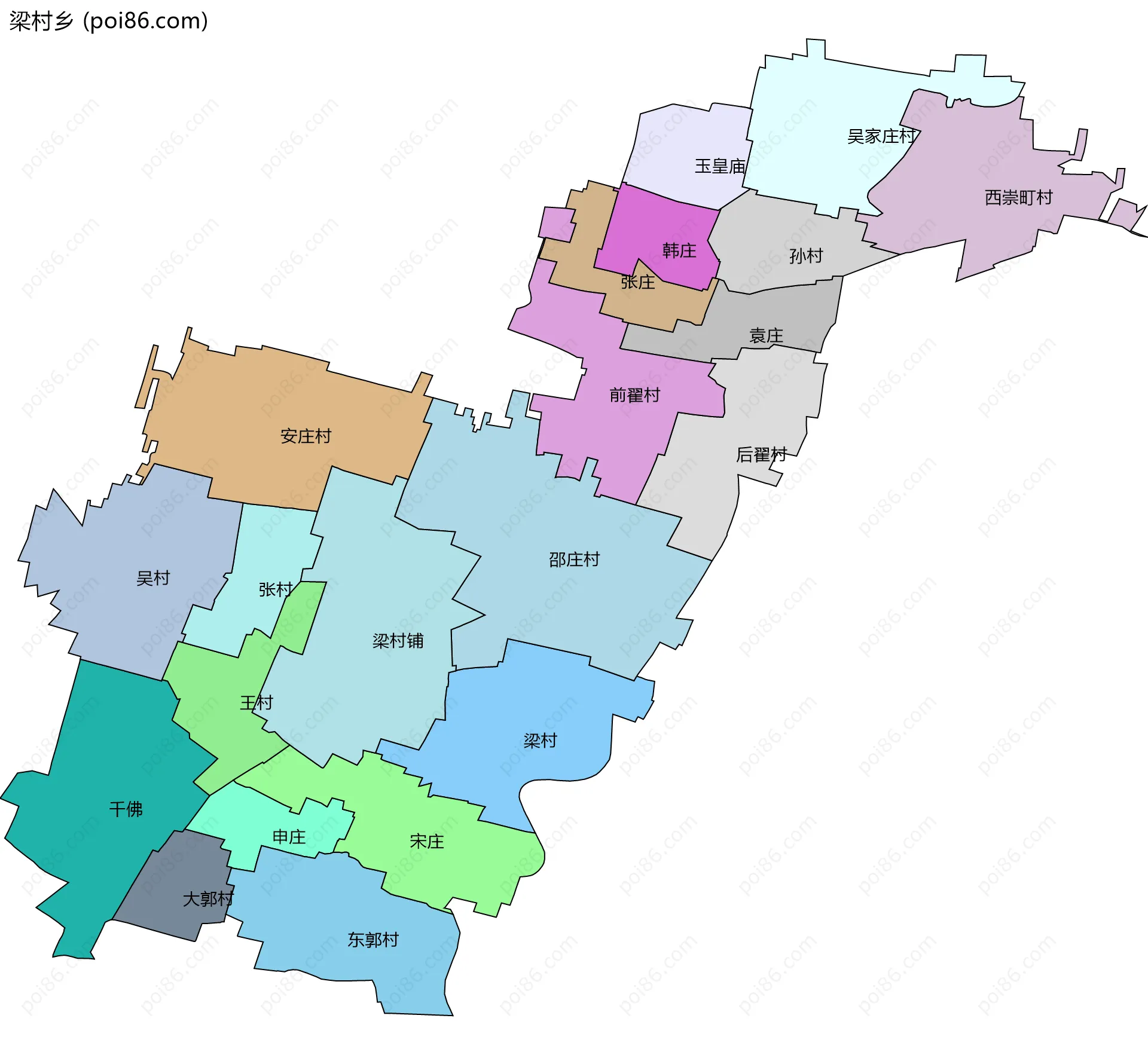 梁村乡边界地图(五级行政区划)