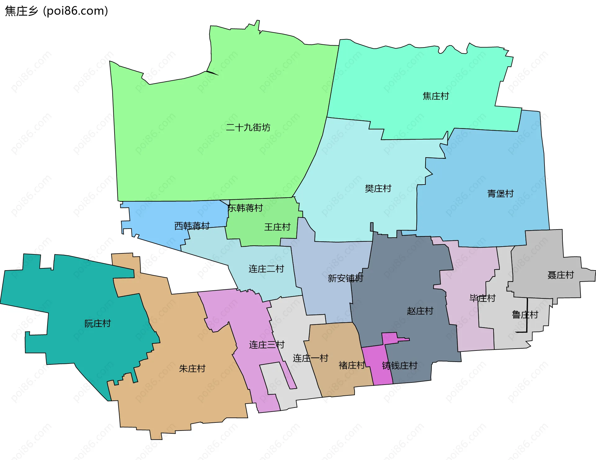 焦庄乡边界地图(五级行政区划)