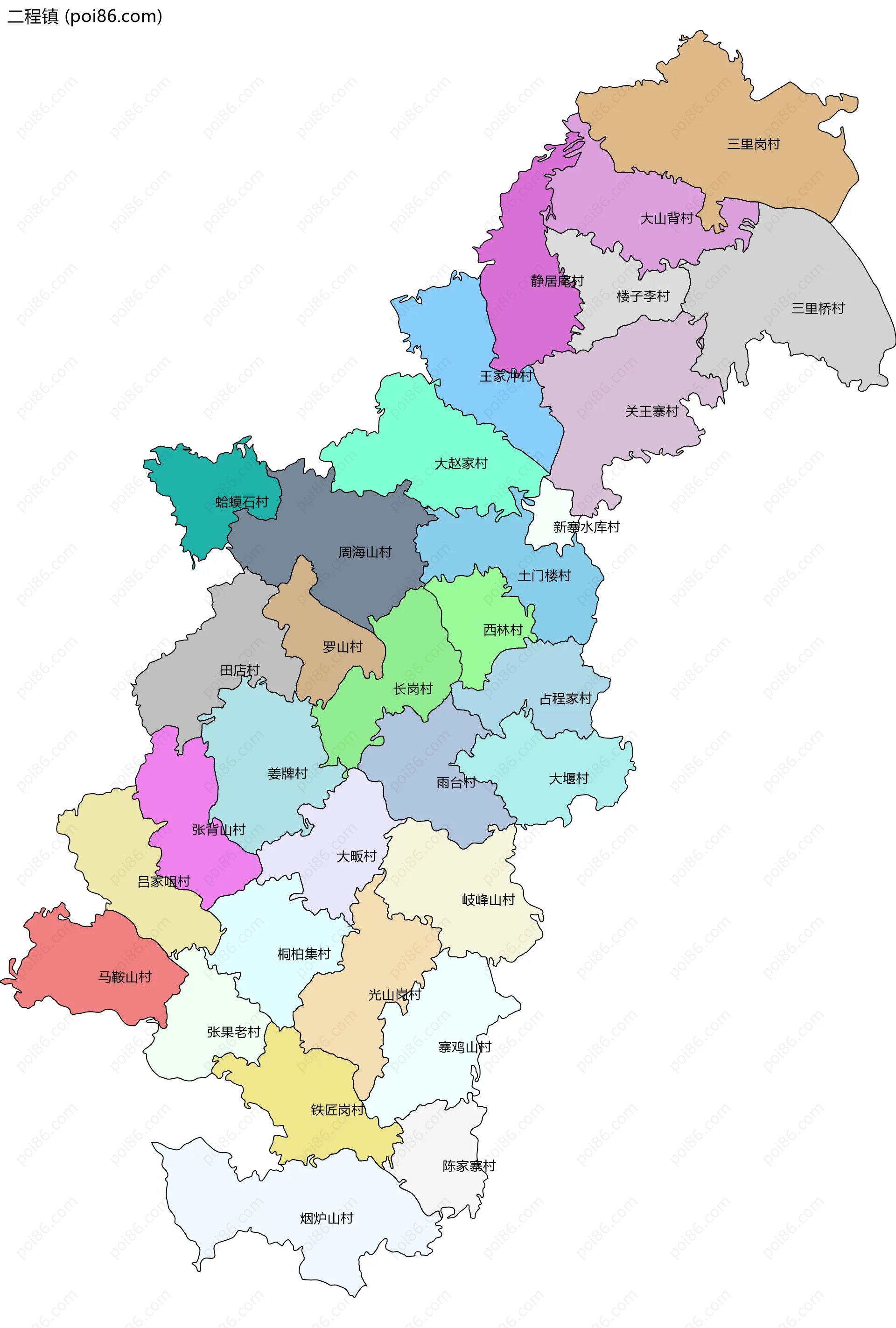 二程镇边界地图(五级行政区划)