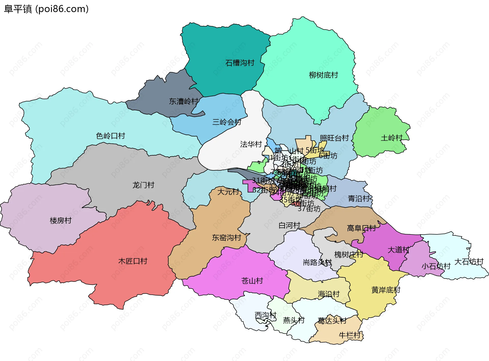阜平镇边界地图(五级行政区划)