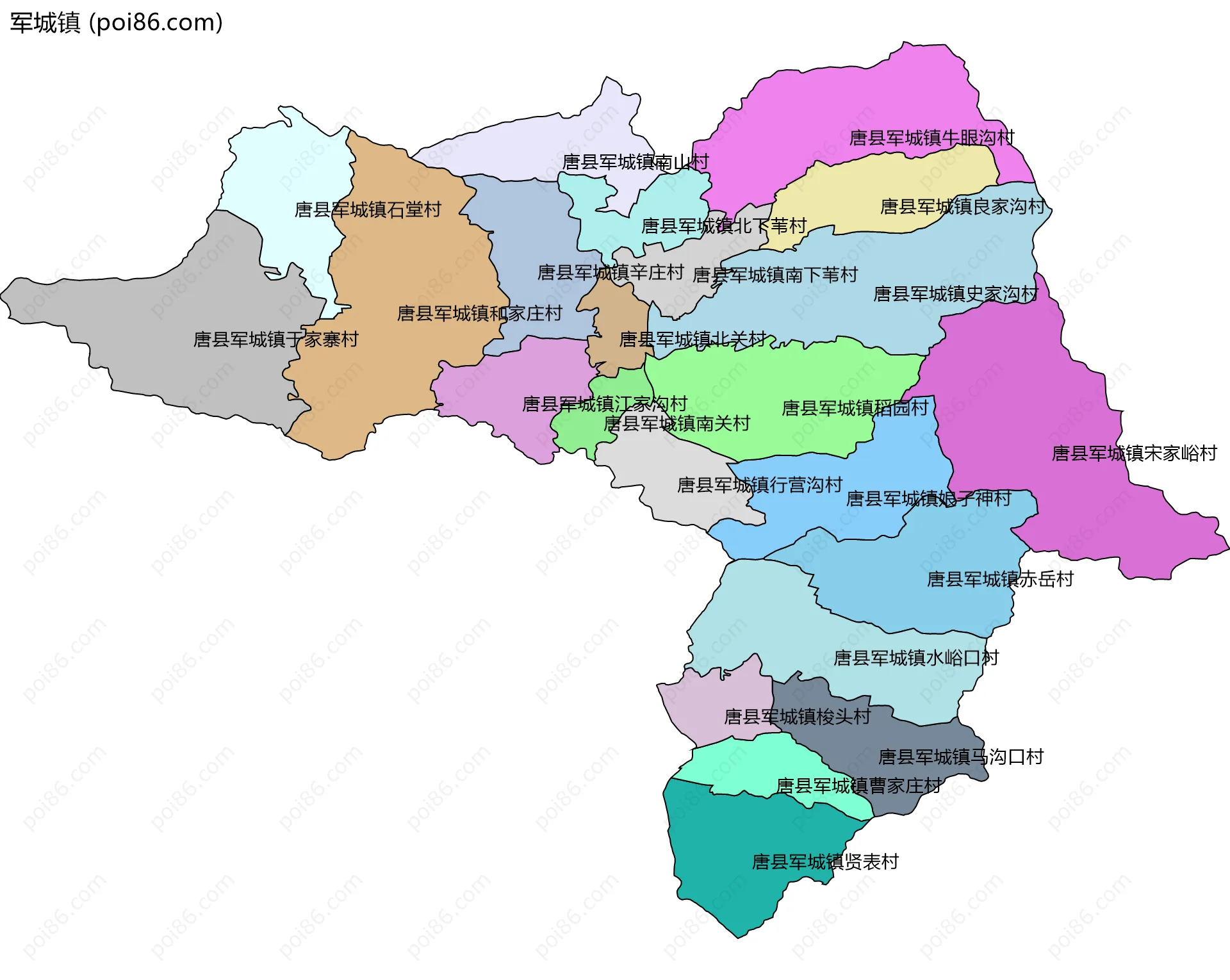 军城镇边界地图(五级行政区划)