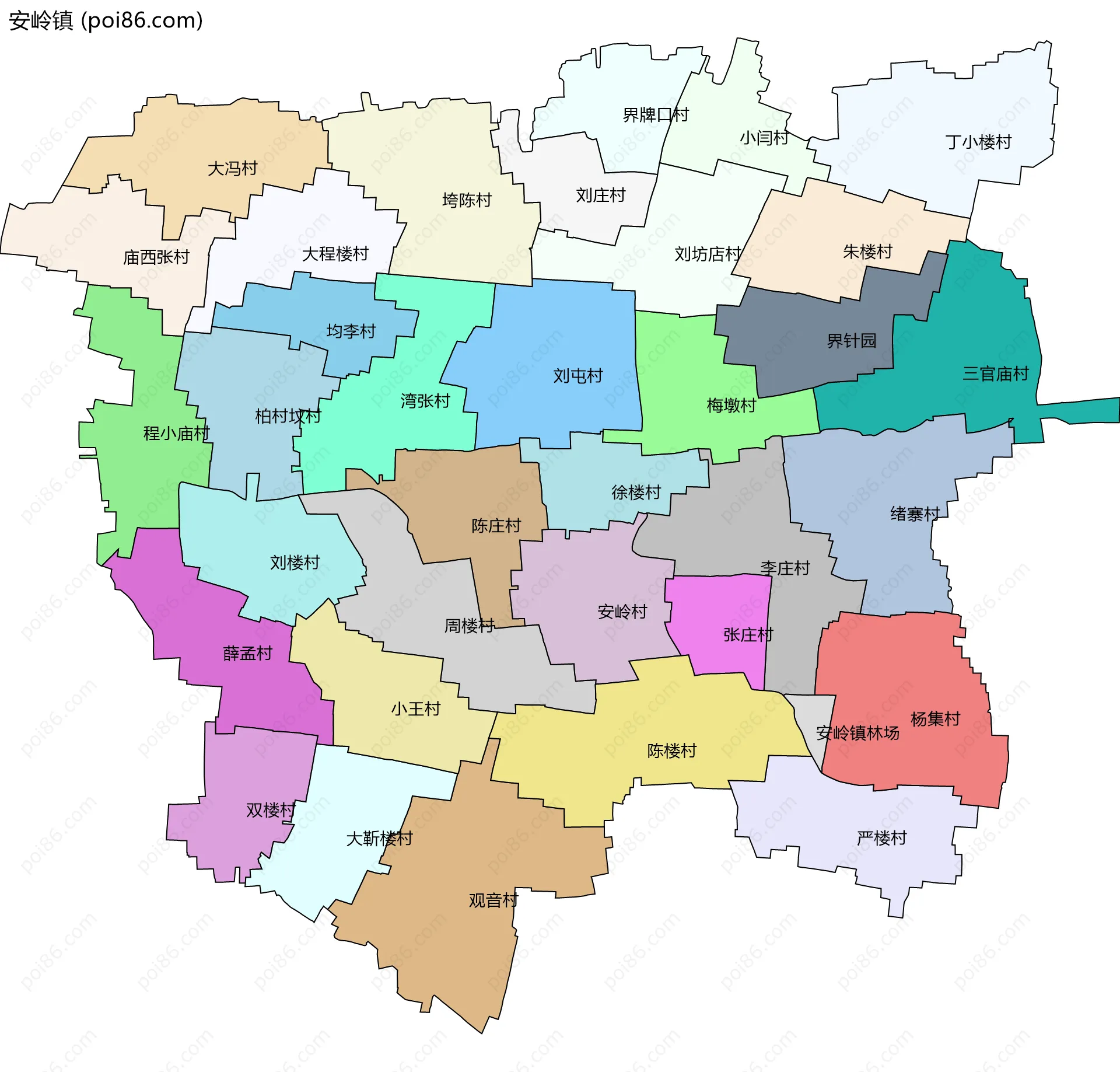 安岭镇边界地图(五级行政区划)