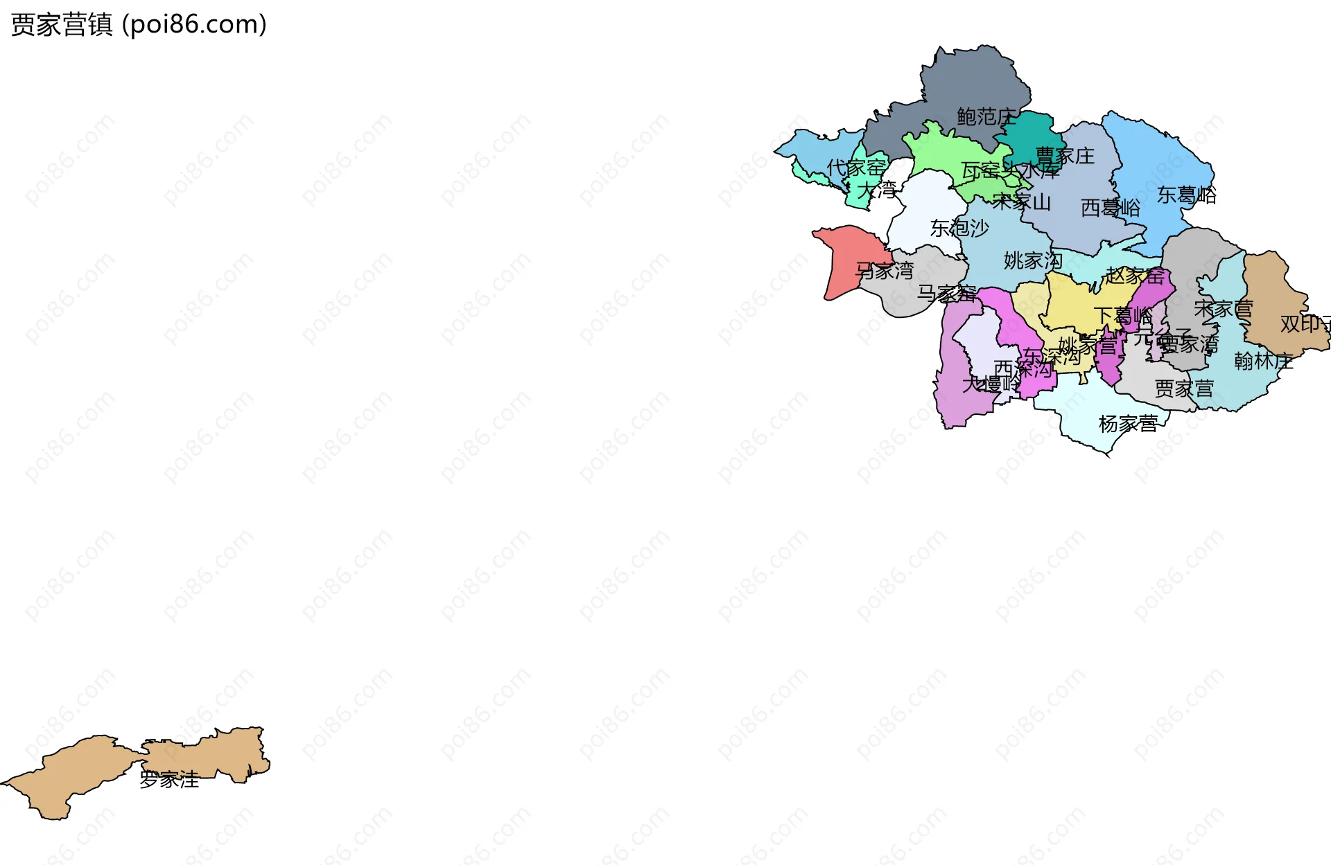 贾家营镇边界地图(五级行政区划)