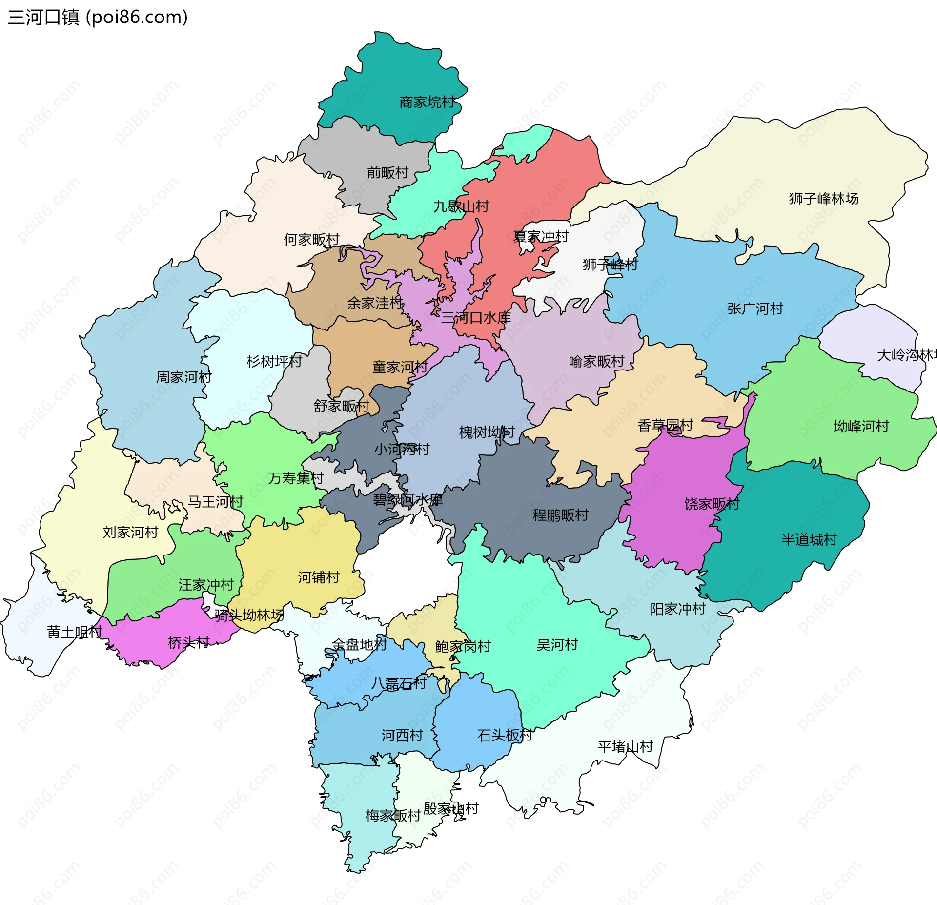 三河口镇边界地图(五级行政区划)