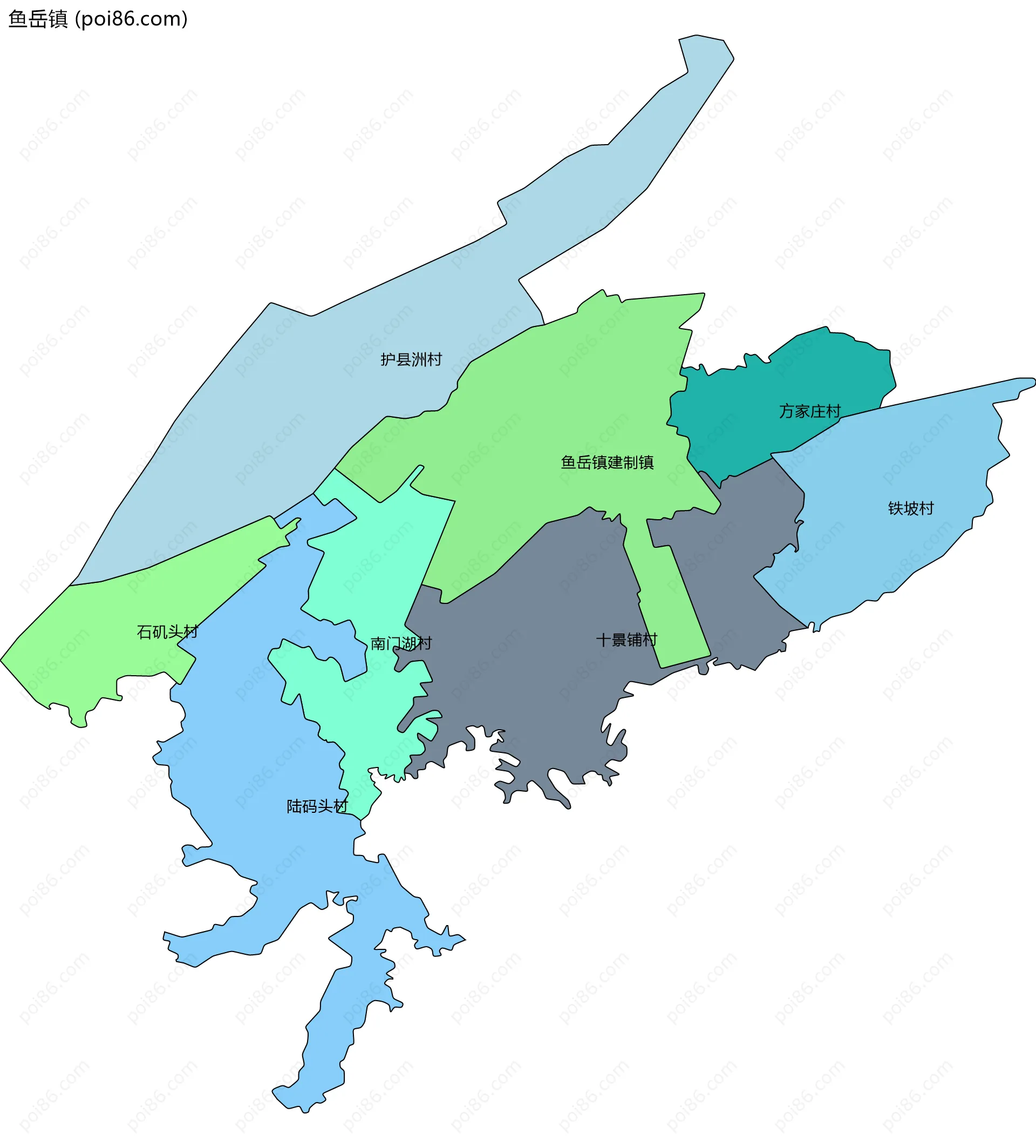 鱼岳镇边界地图(五级行政区划)