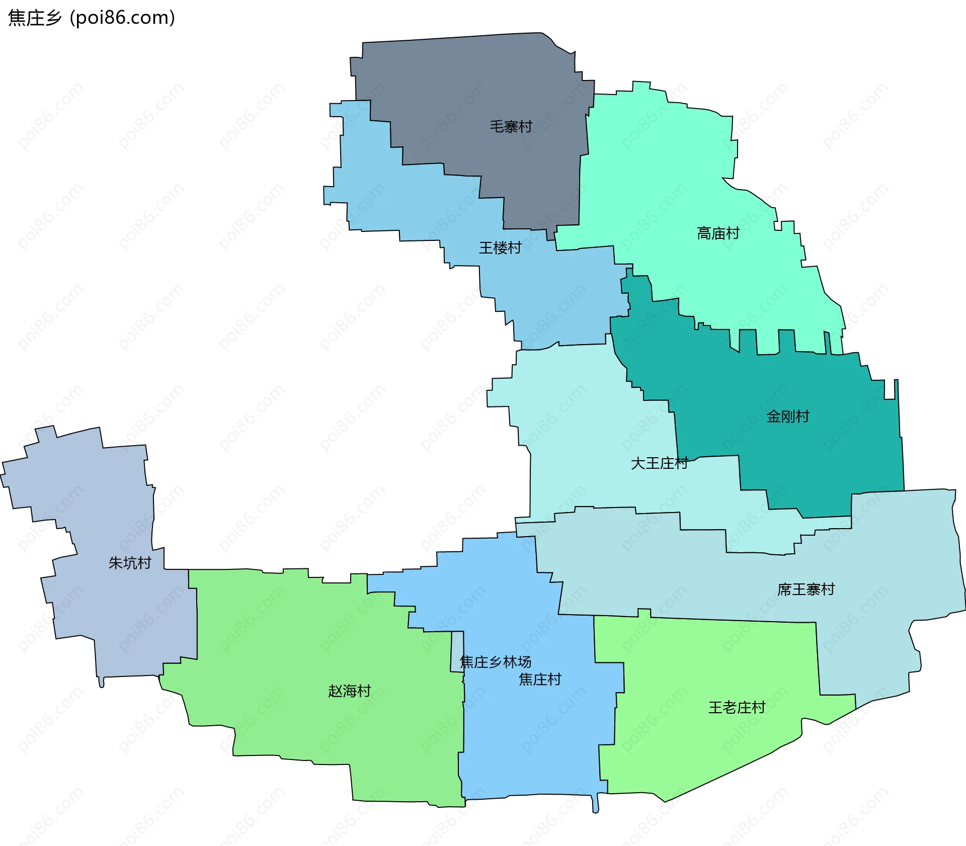 焦庄乡边界地图(五级行政区划)