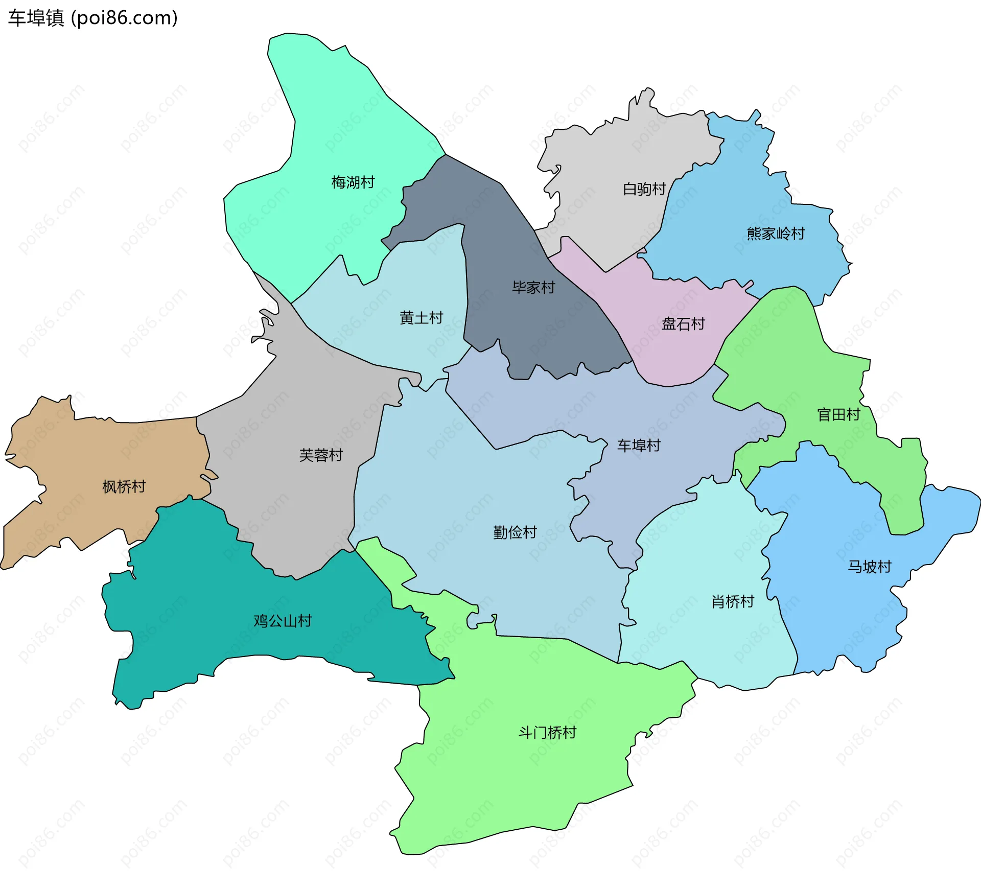 车埠镇边界地图(五级行政区划)