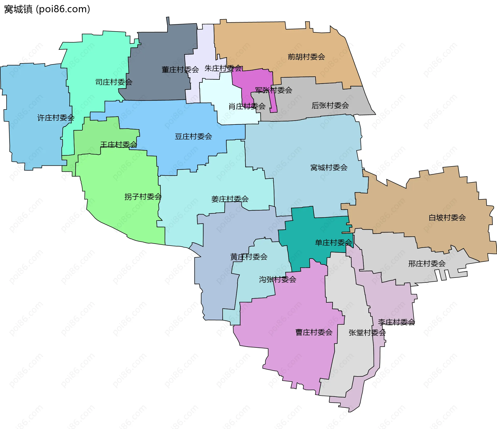 窝城镇边界地图(五级行政区划)