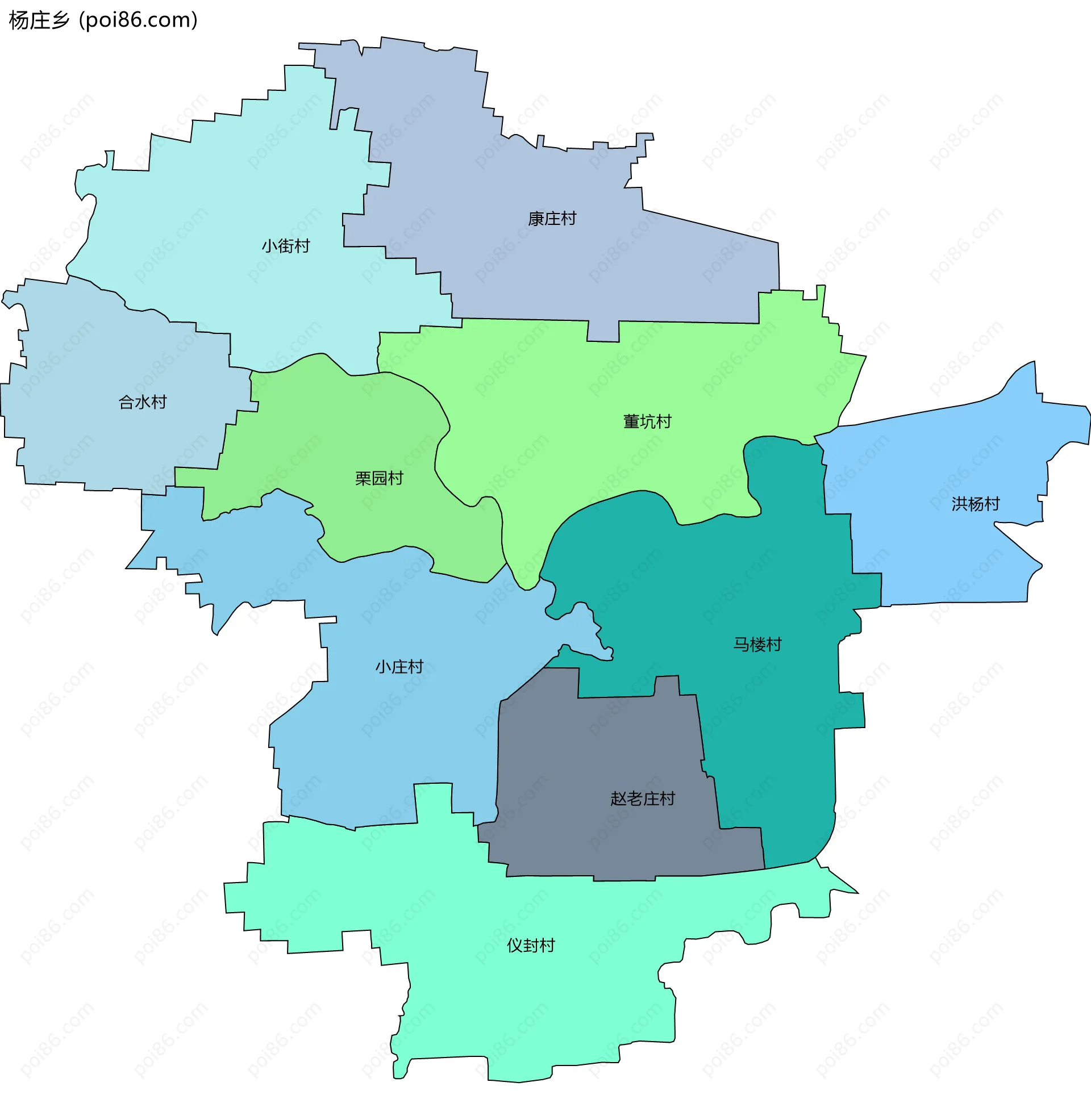 杨庄乡边界地图(五级行政区划)
