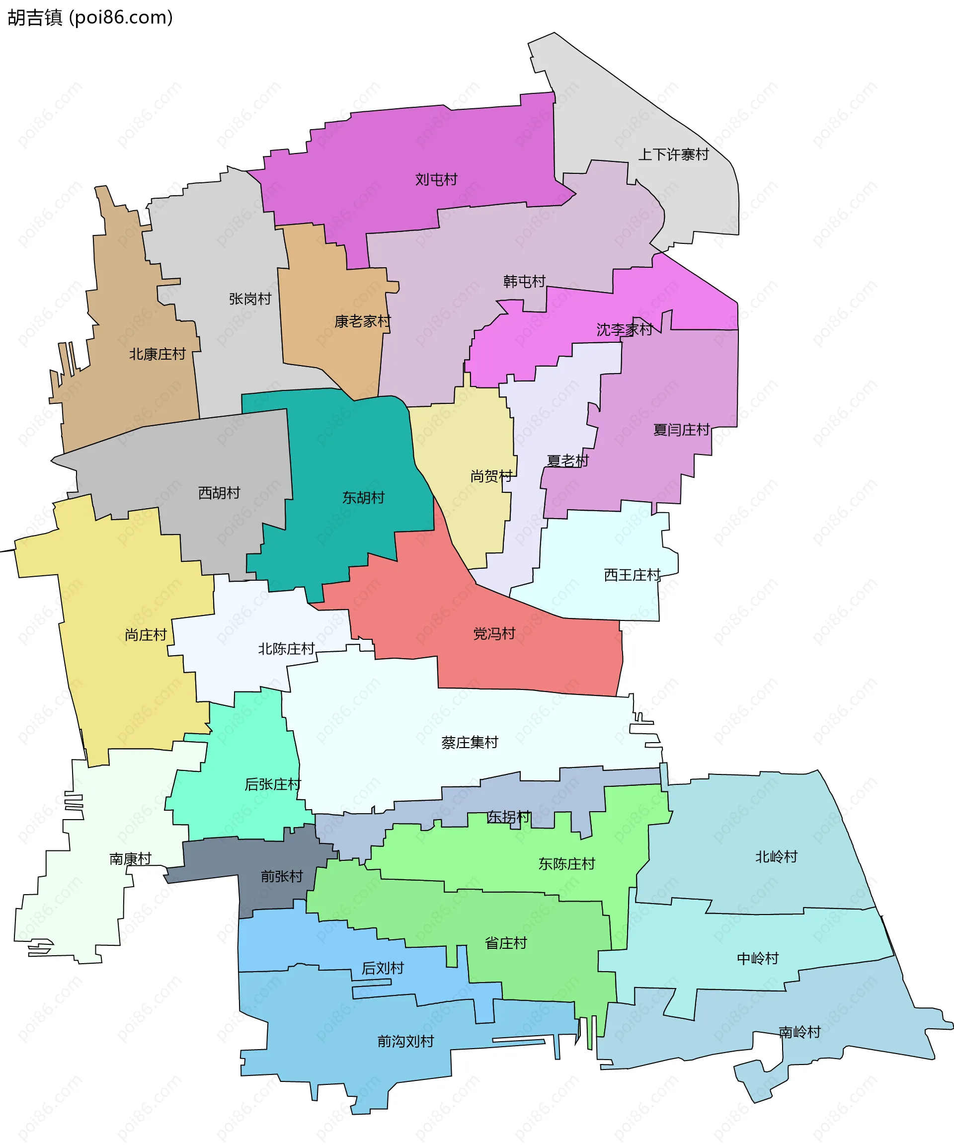 胡吉镇边界地图(五级行政区划)