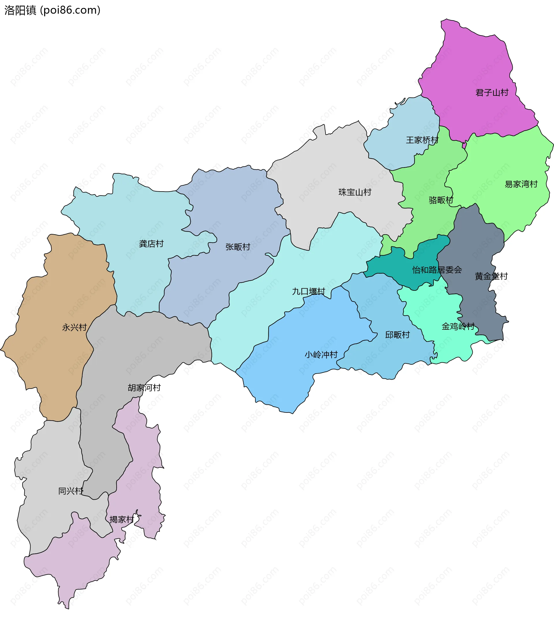 洛阳镇边界地图(五级行政区划)