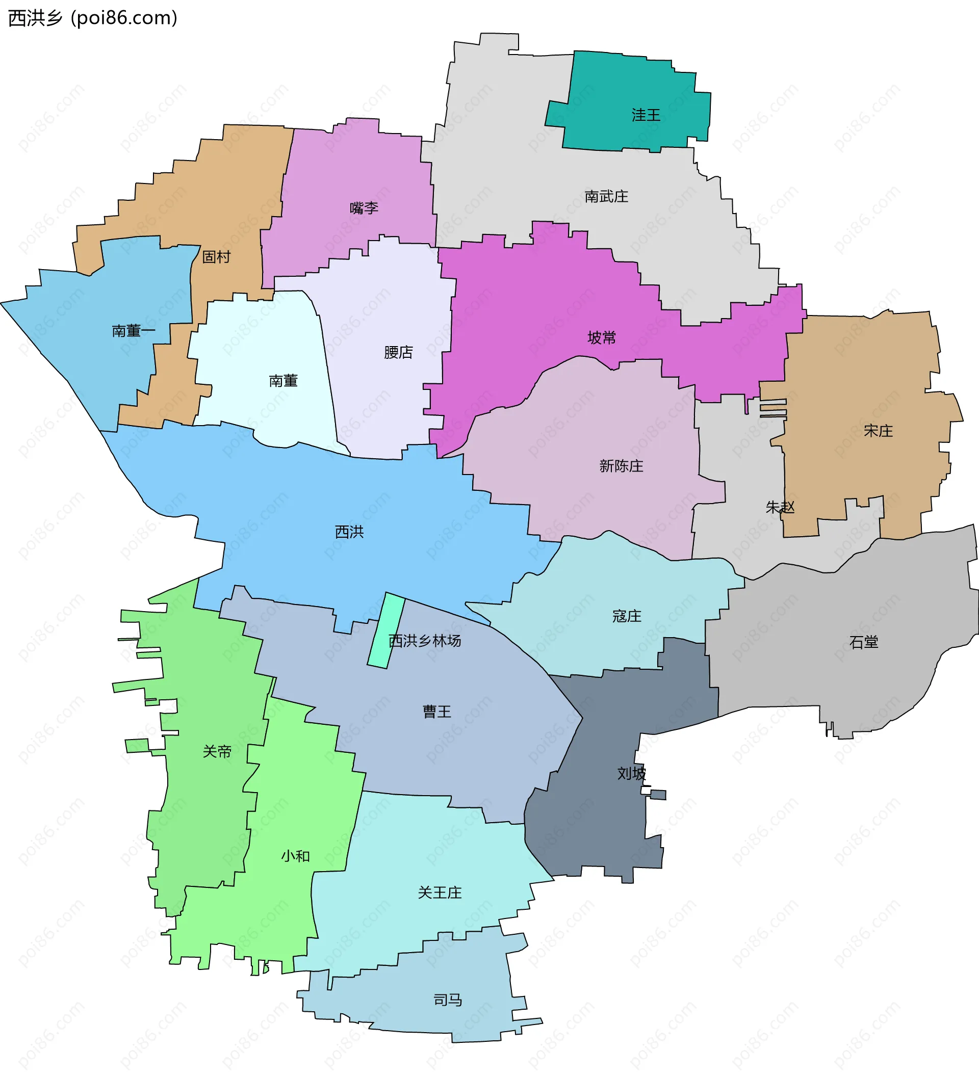 西洪乡边界地图(五级行政区划)