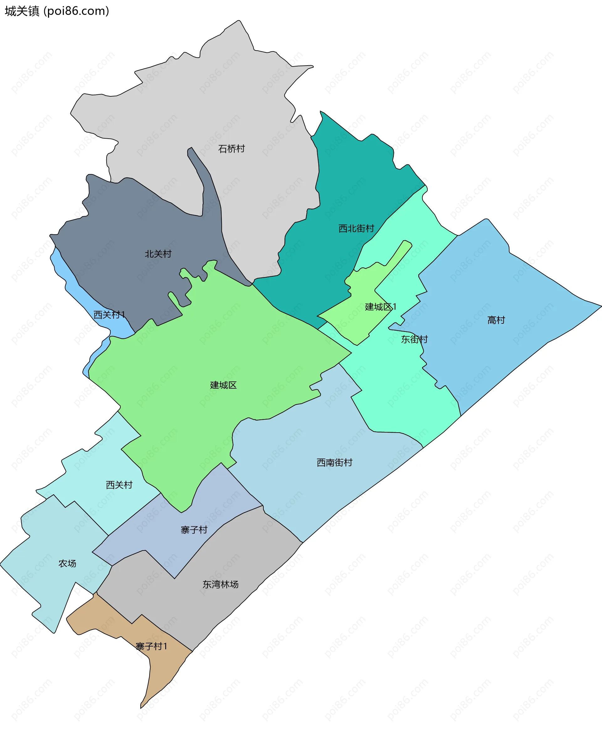 城关镇边界地图(五级行政区划)