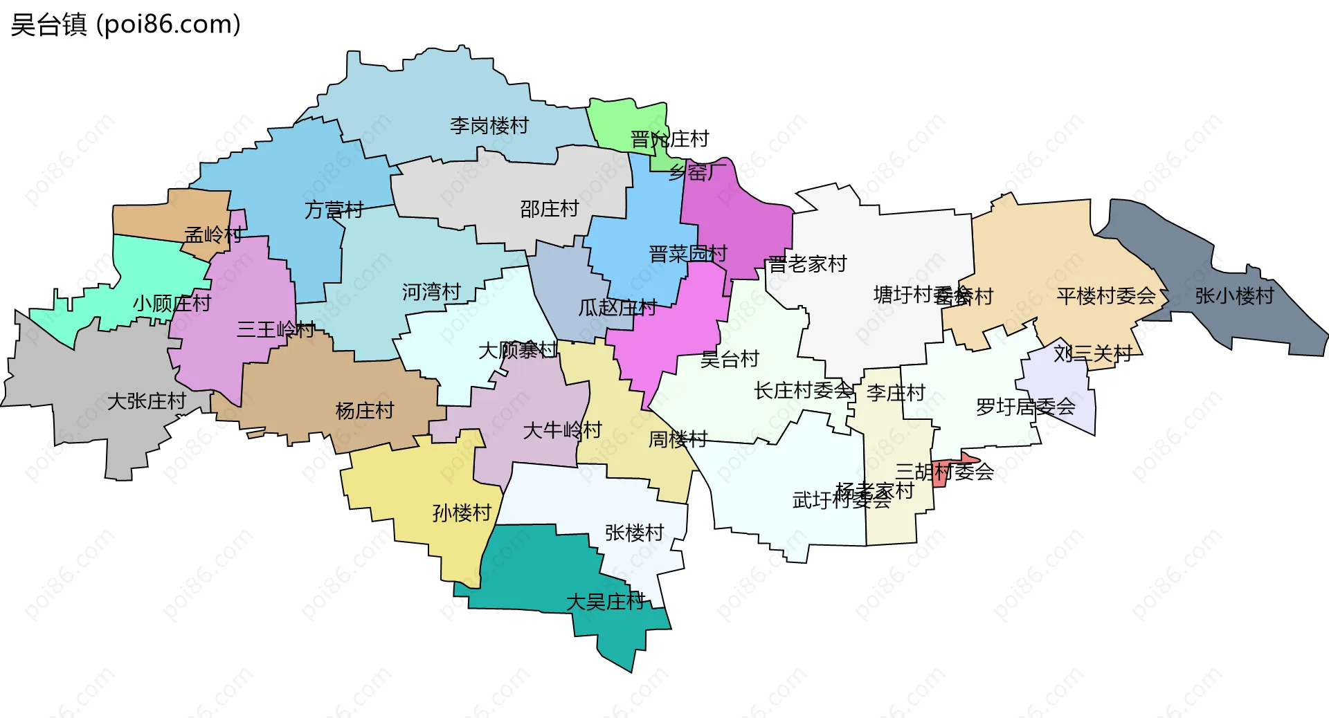 吴台镇边界地图(五级行政区划)