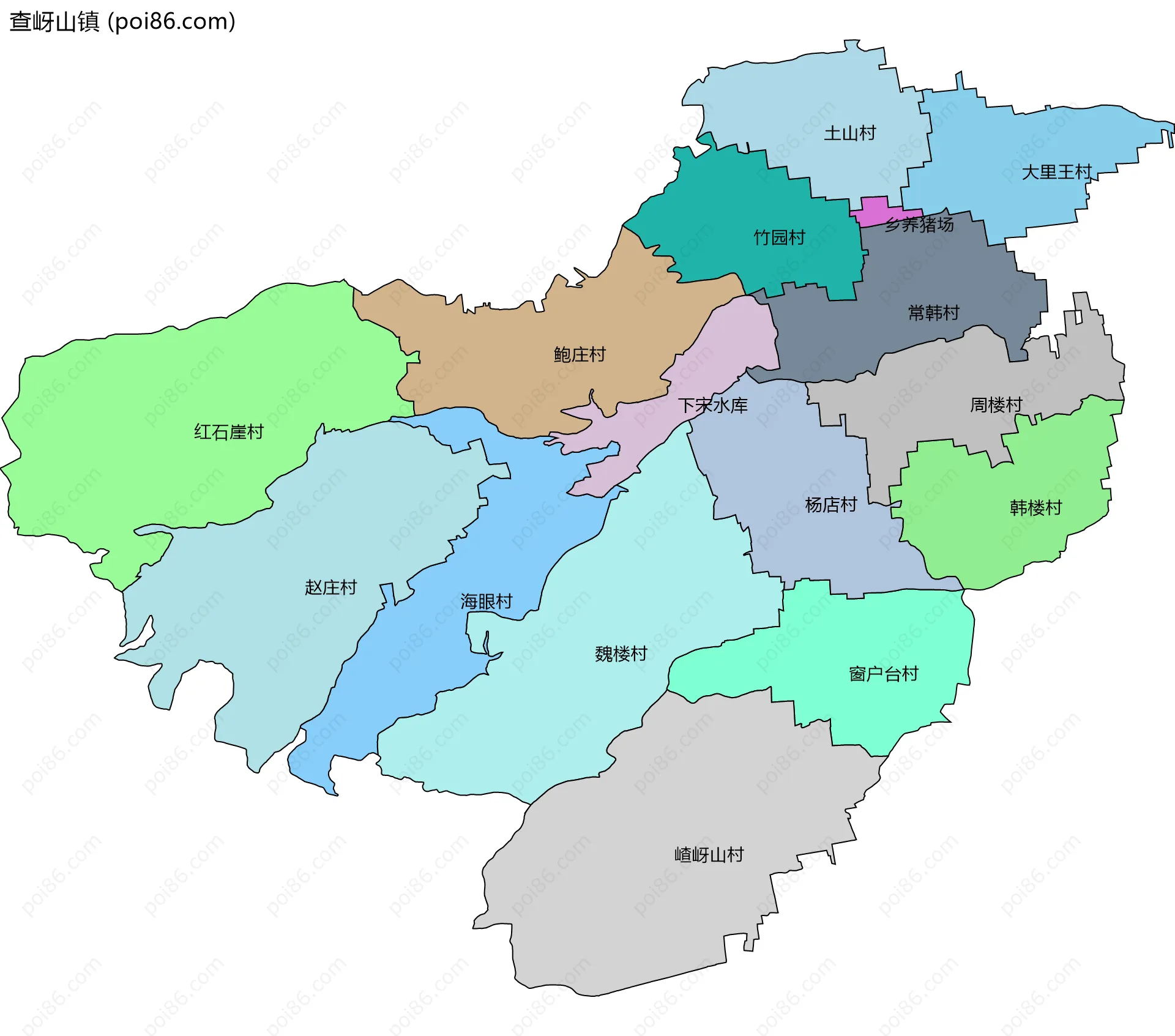 查岈山镇边界地图(五级行政区划)