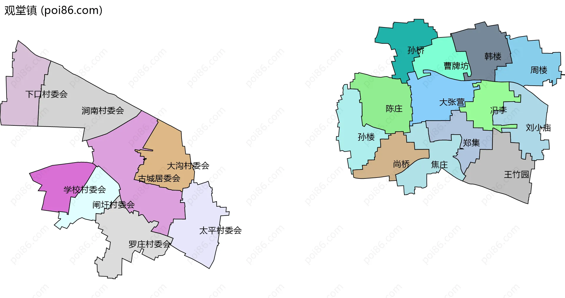 观堂镇边界地图(五级行政区划)