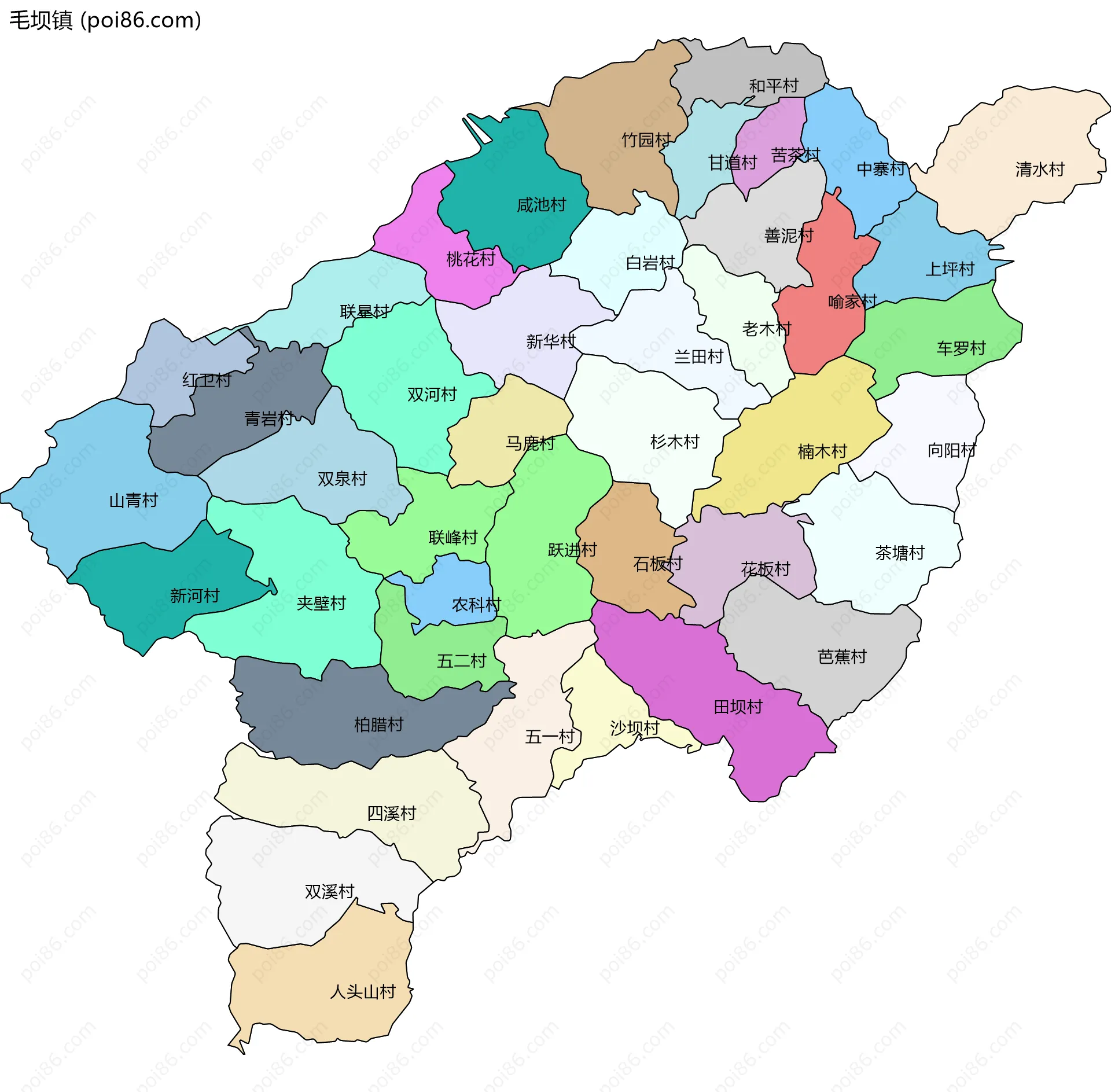 毛坝镇边界地图(五级行政区划)