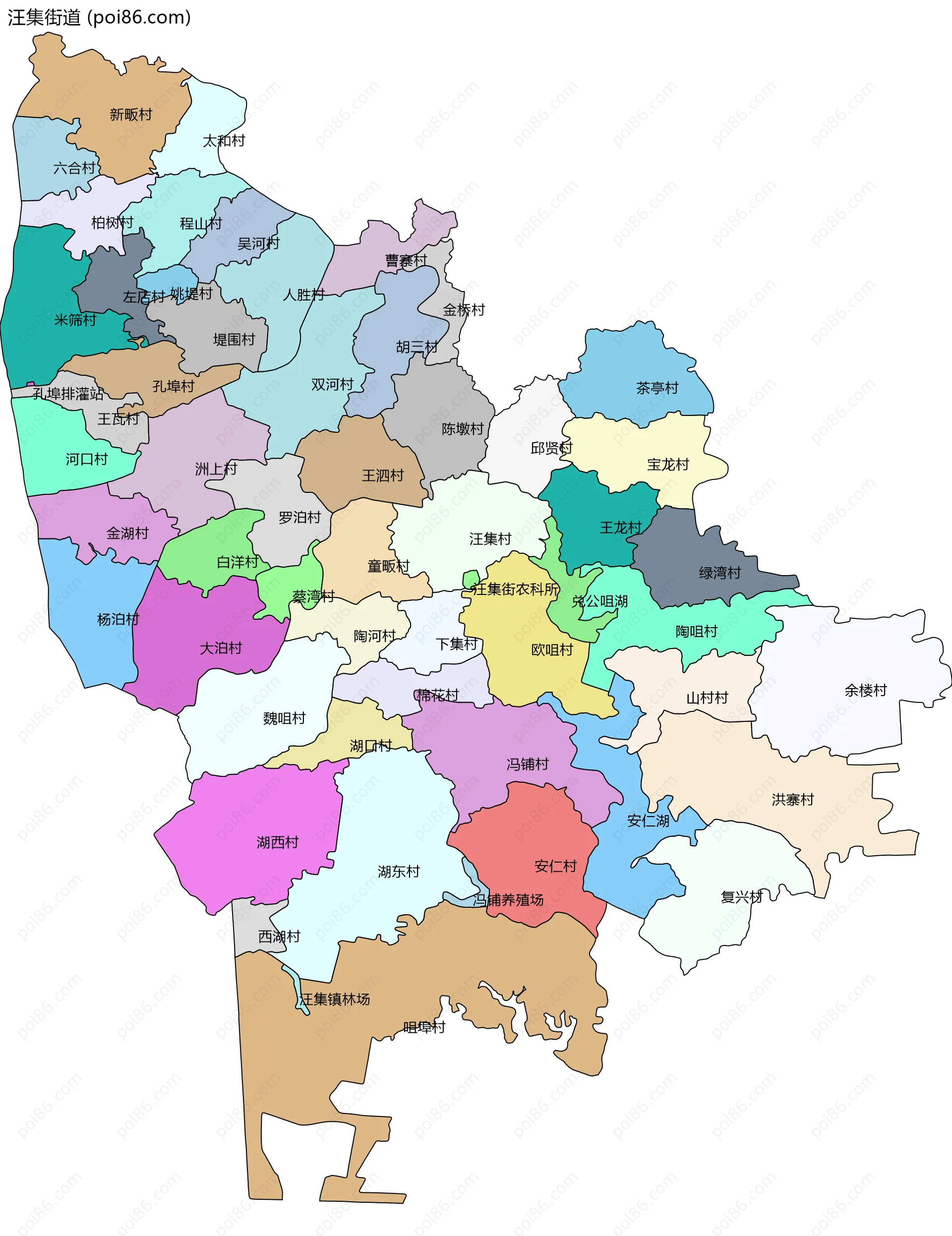 汪集街道边界地图(五级行政区划)