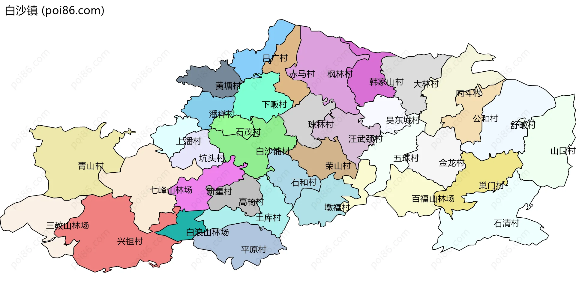 白沙镇边界地图(五级行政区划)