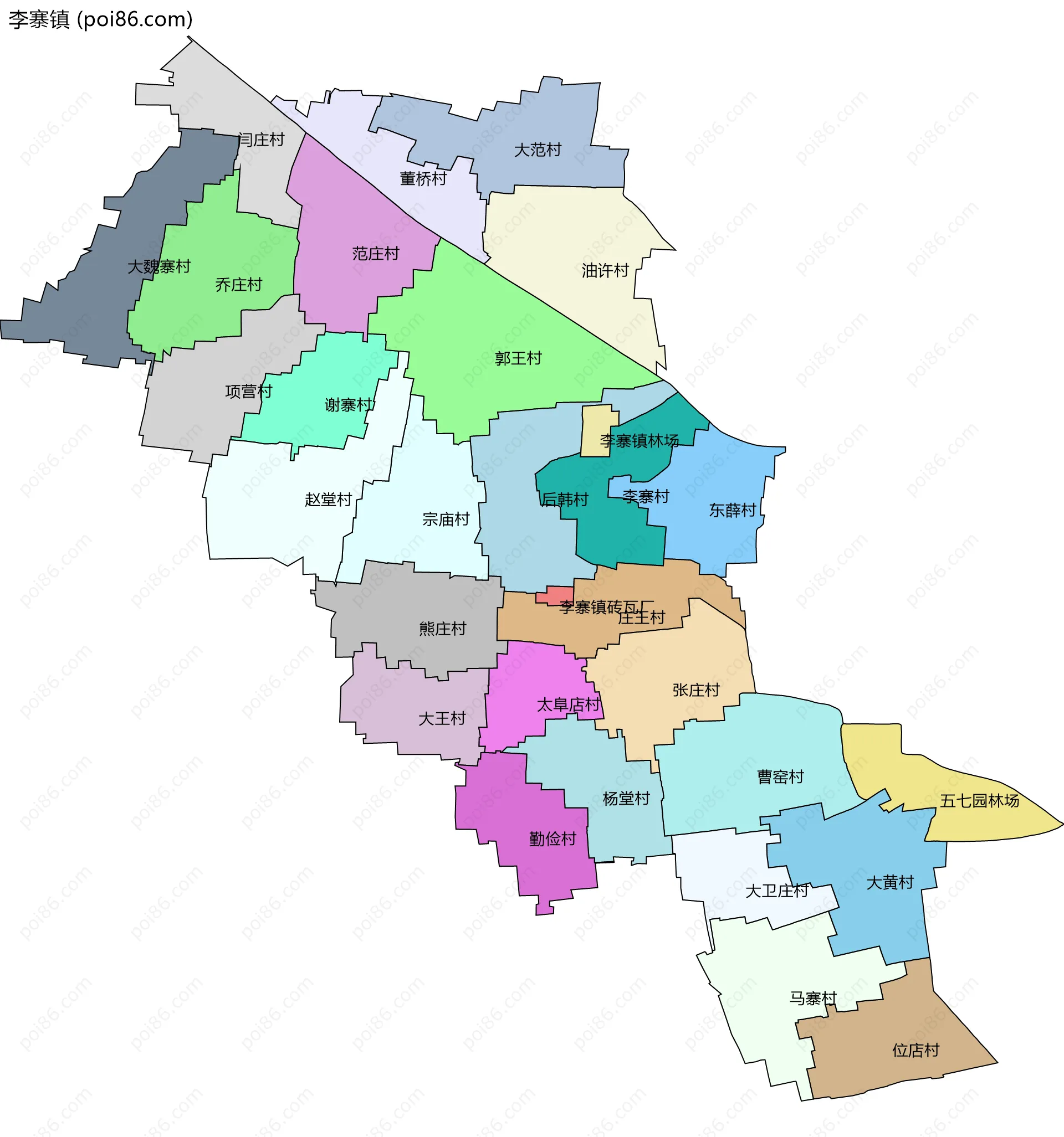 李寨镇边界地图(五级行政区划)