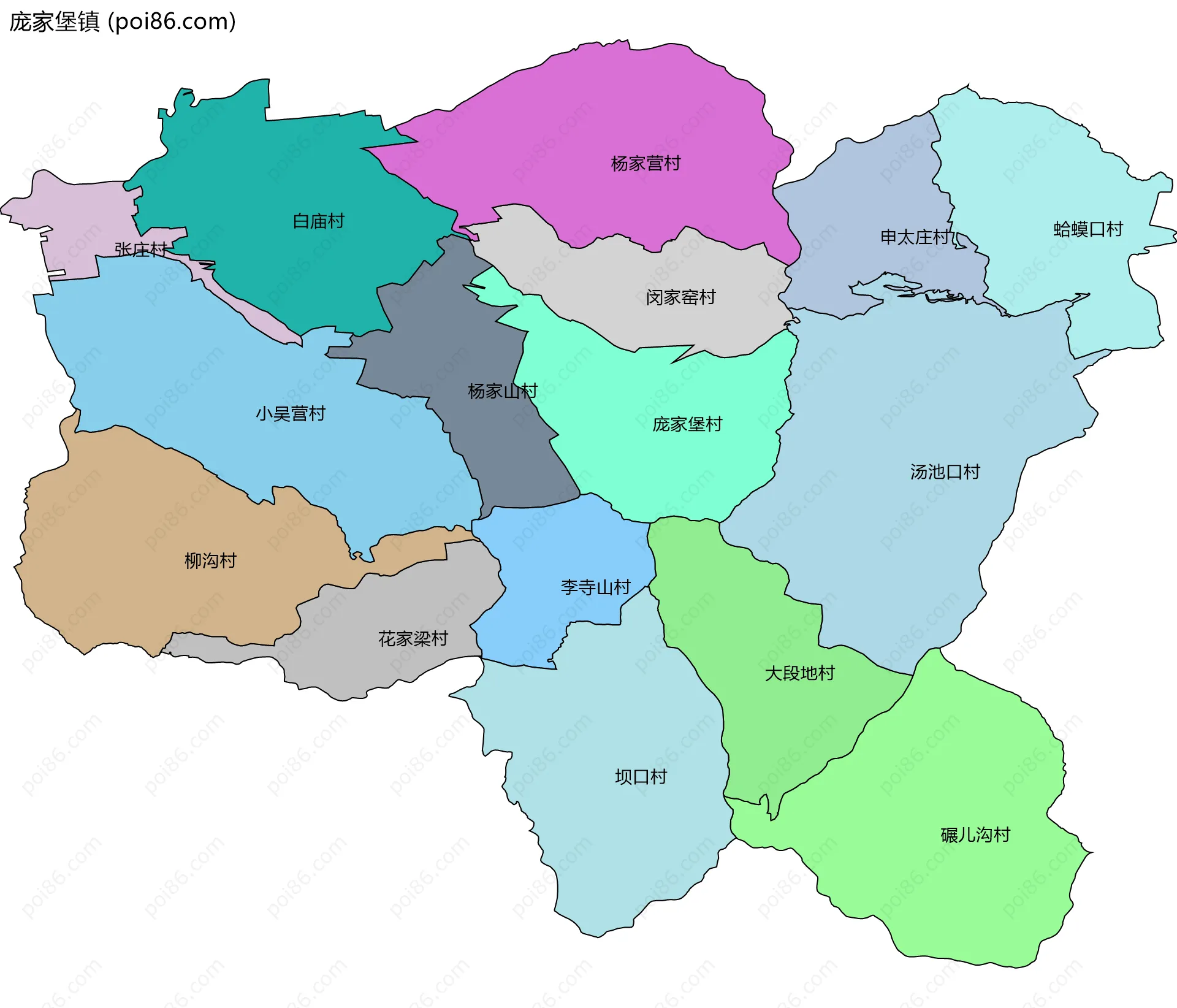 庞家堡镇边界地图(五级行政区划)