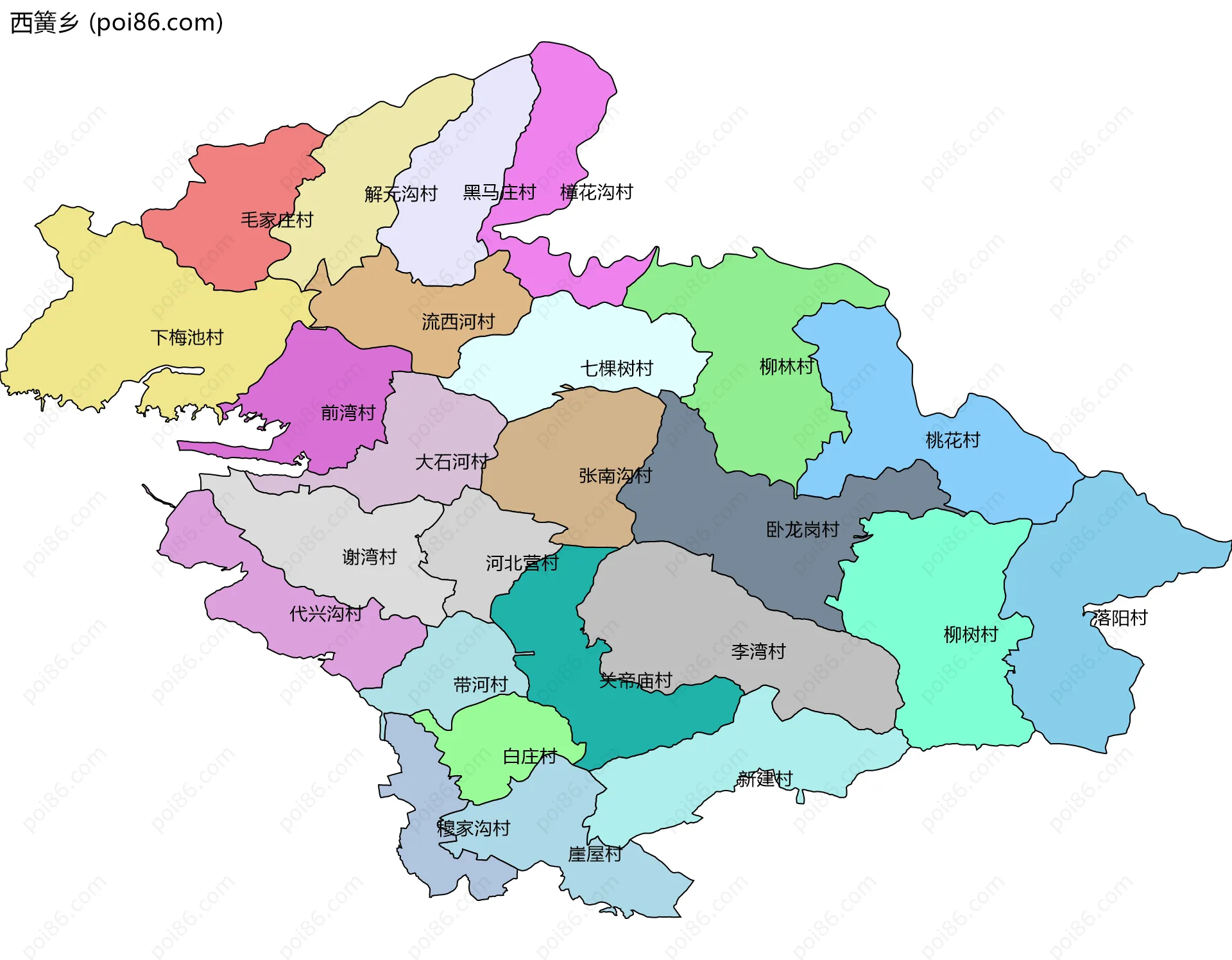 西簧乡边界地图(五级行政区划)