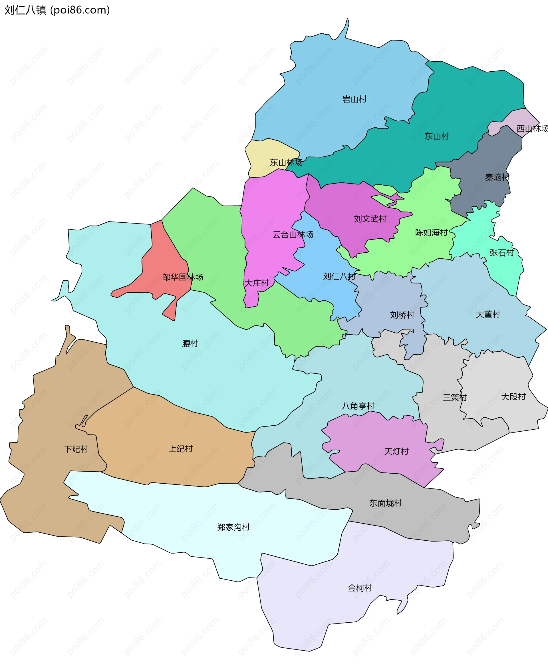 刘仁八镇边界地图(五级行政区划)