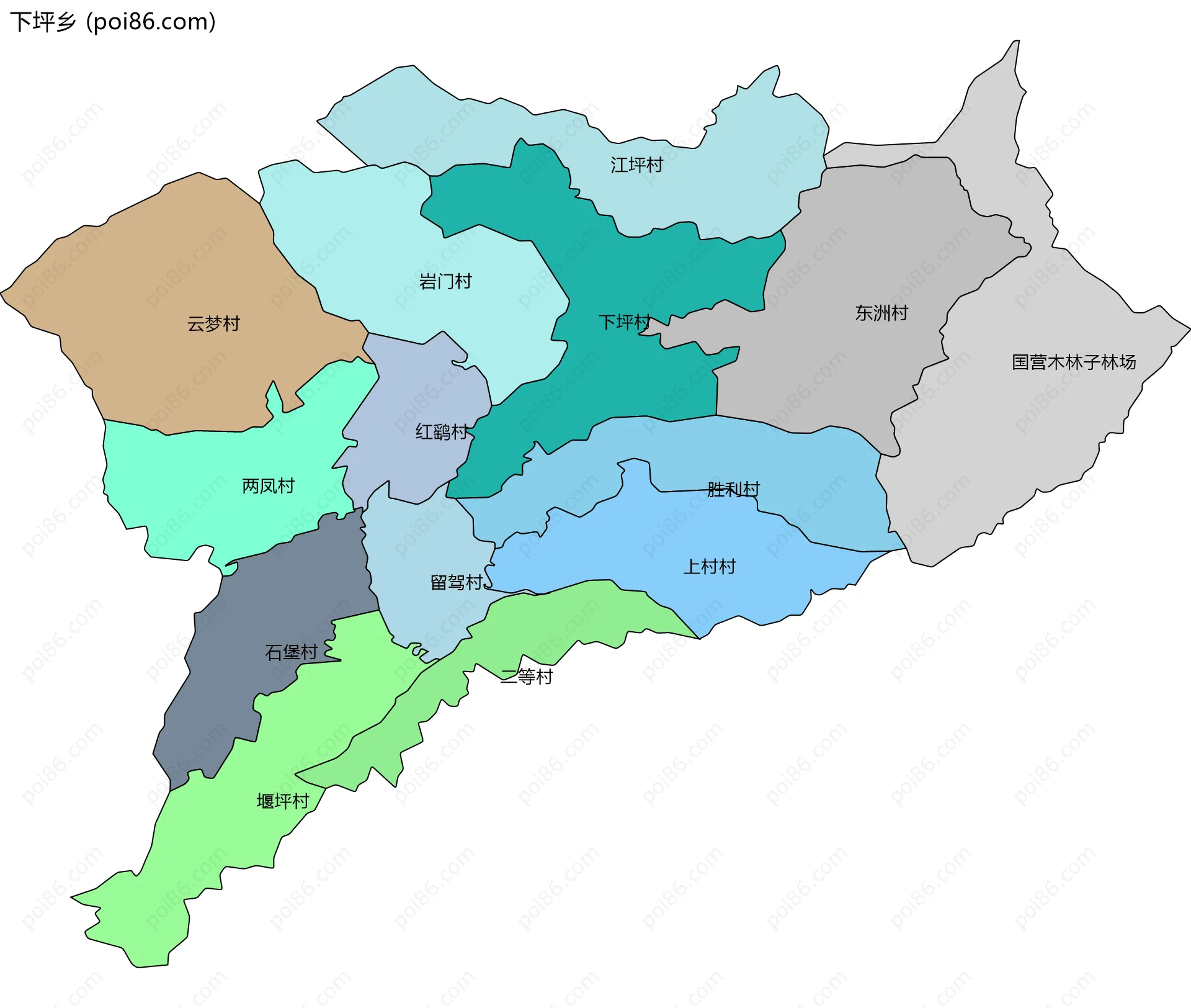 下坪乡边界地图(五级行政区划)