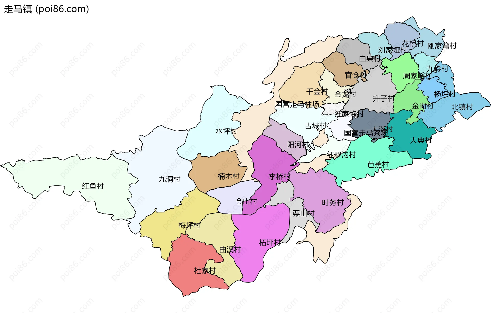 走马镇边界地图(五级行政区划)