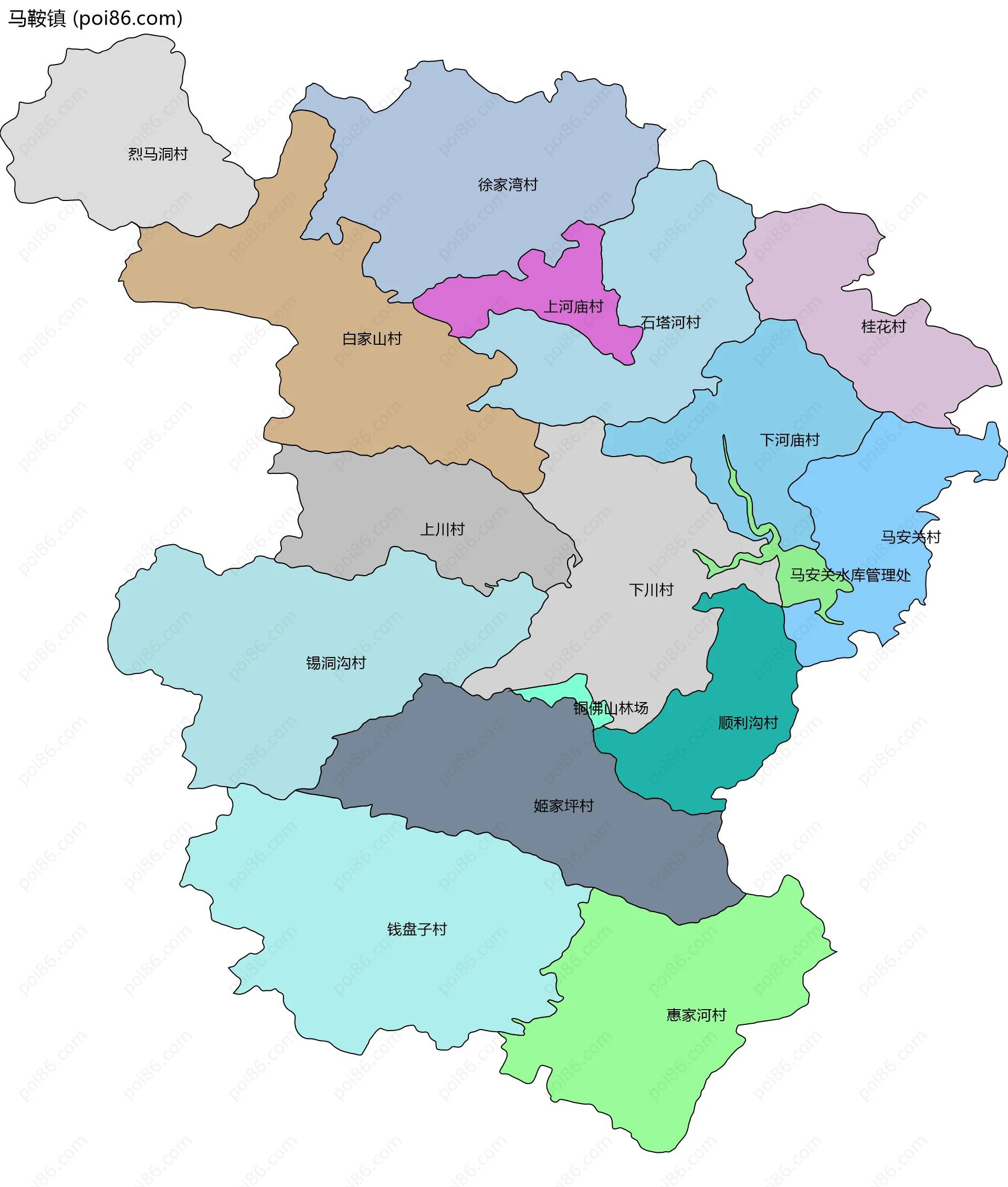 马鞍镇边界地图(五级行政区划)