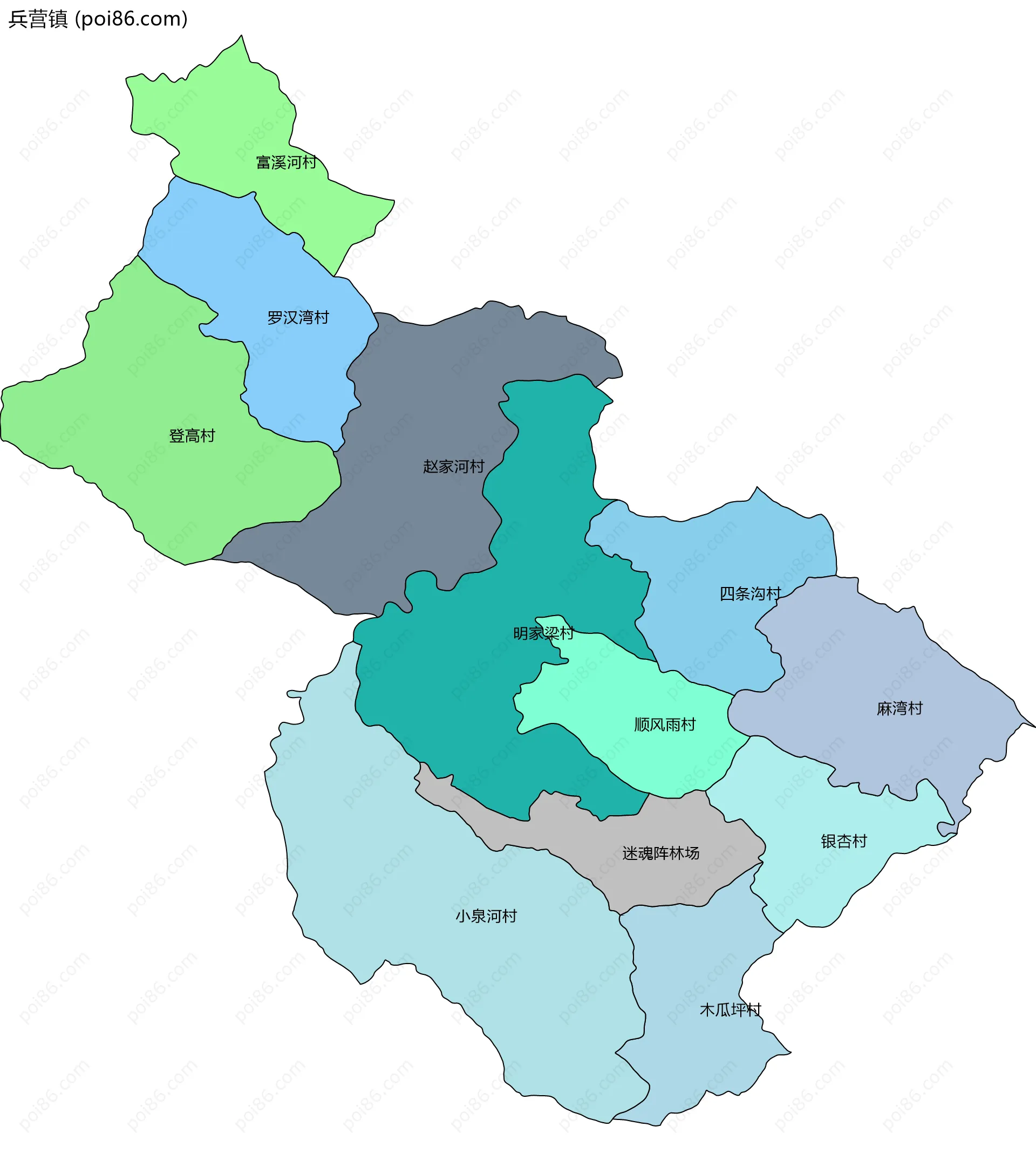 兵营镇边界地图(五级行政区划)