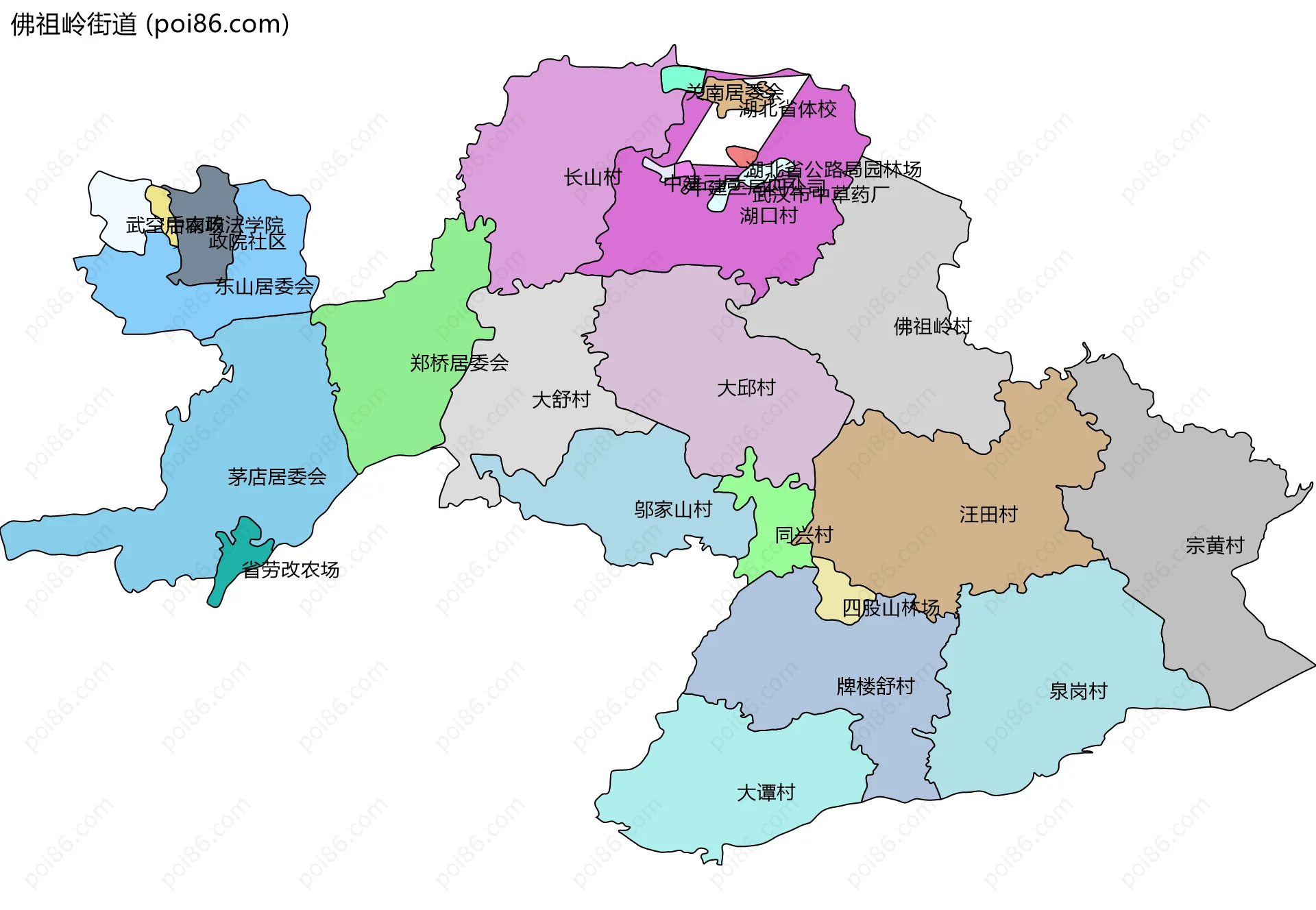 佛祖岭街道边界地图(五级行政区划)